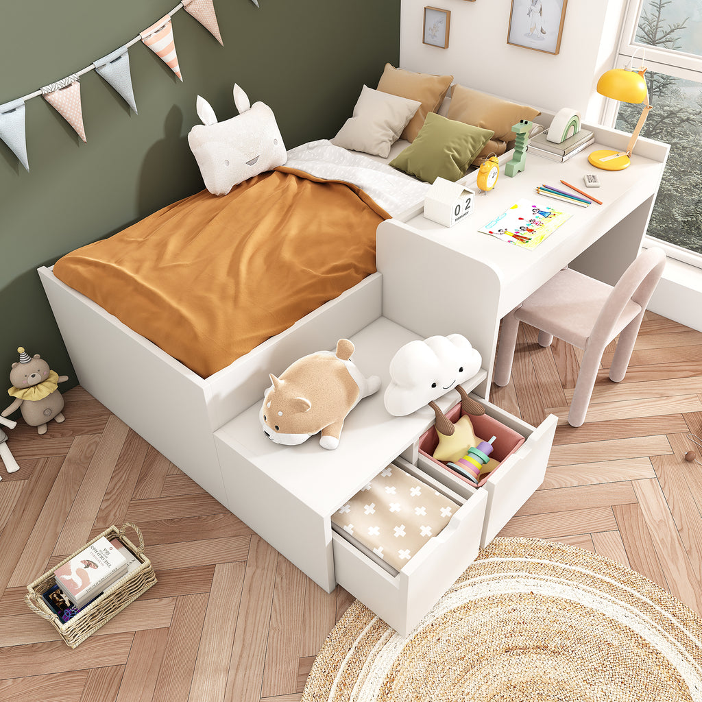 Kids Single Bed with Desk and Drawers, 90 x190 cm, White, 3ft Kids Wooden Bed with Storage, Single Bed with Slatted Frame, Lying Surface for Teenagers & Adults (No Mattress)