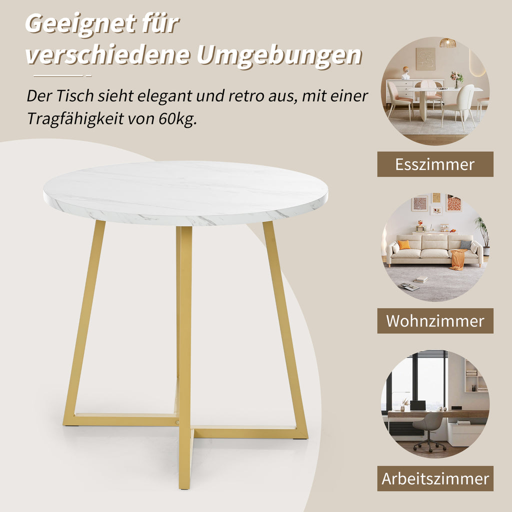 Dining Table Set (5 Pieces), Dining Table Set with 4 Chairs, Modern Kitchen Table Set, 80 cm Diameter Round Kitchen Table with Gold Metal Legs, White MDF Table Top, Dark Grey Velvet Dining Chairs
