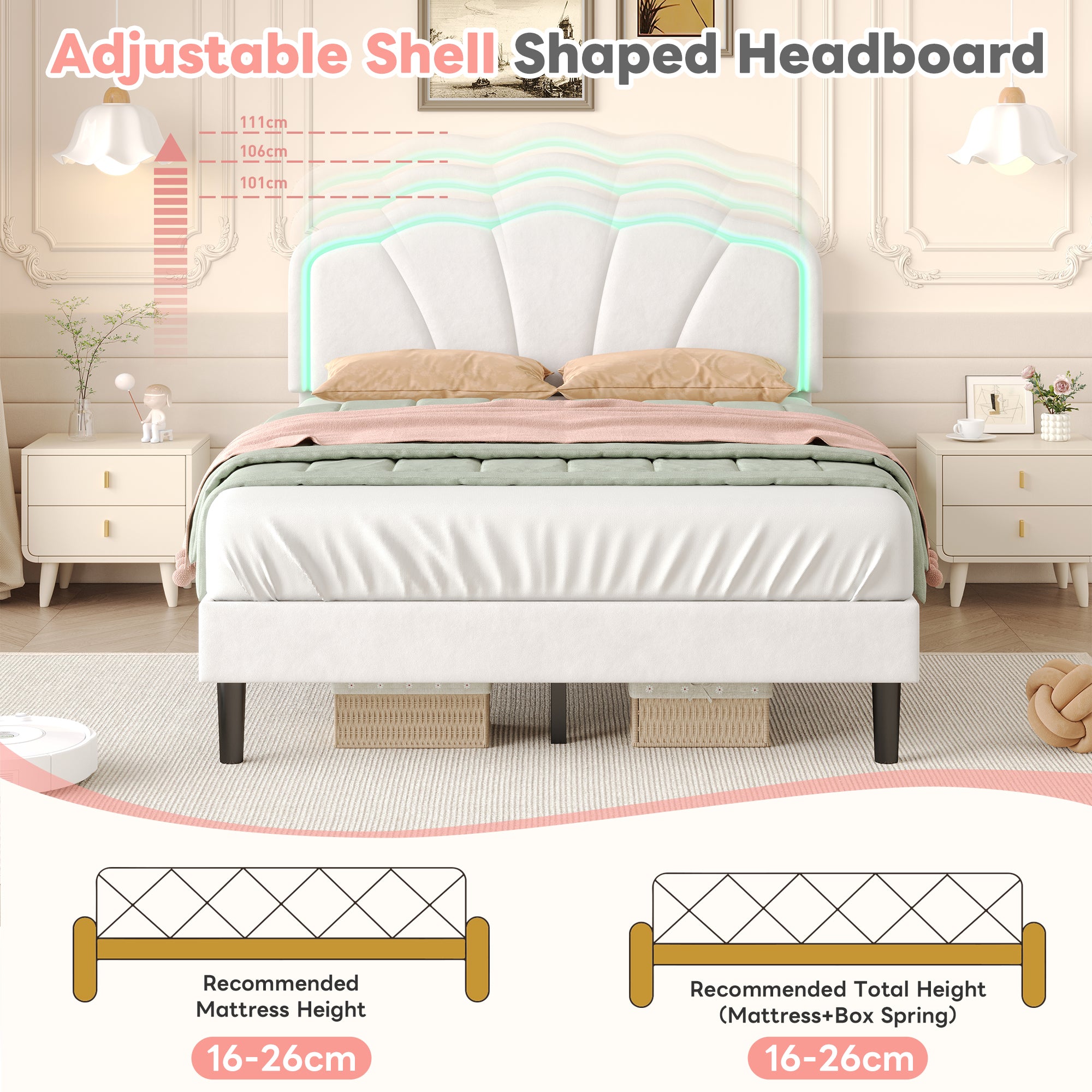 4ft6 Double Upholstered Bed with LED Adjustable Shell Shape Headboard, Soft Velvet Bed Frame with Solid Wood Slat, No Box Spring Needed, Easy Assembly, Cream White (No Mattress)