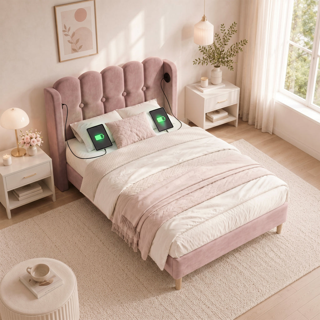 Upholstered Single Bed with USB and Type-C Charging, 3FT Bed Frame with Wooden Slatted Frame, Teenager Bed for Bedroom & Guest Room, 90 x 190 cm, Pink, Velvet (No Mattress).