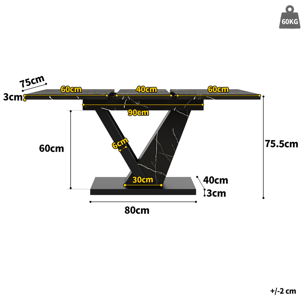 Dining table Telescopic table (120-160*75cm), extendable table, extendable to 120-160cm with the aid of internal insert panels, for kitchen and living room, dining table with black marble pattern