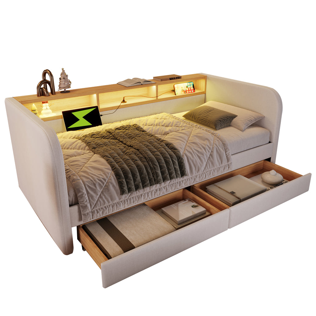 Upholstered Daybed with Headboard Storage, 90 x 190 cm Single Sofa Bed with LED and USB Type-C Reading Light, 3FT Daybed with 2 Drawers, Linen, Beige (Without Mattress)