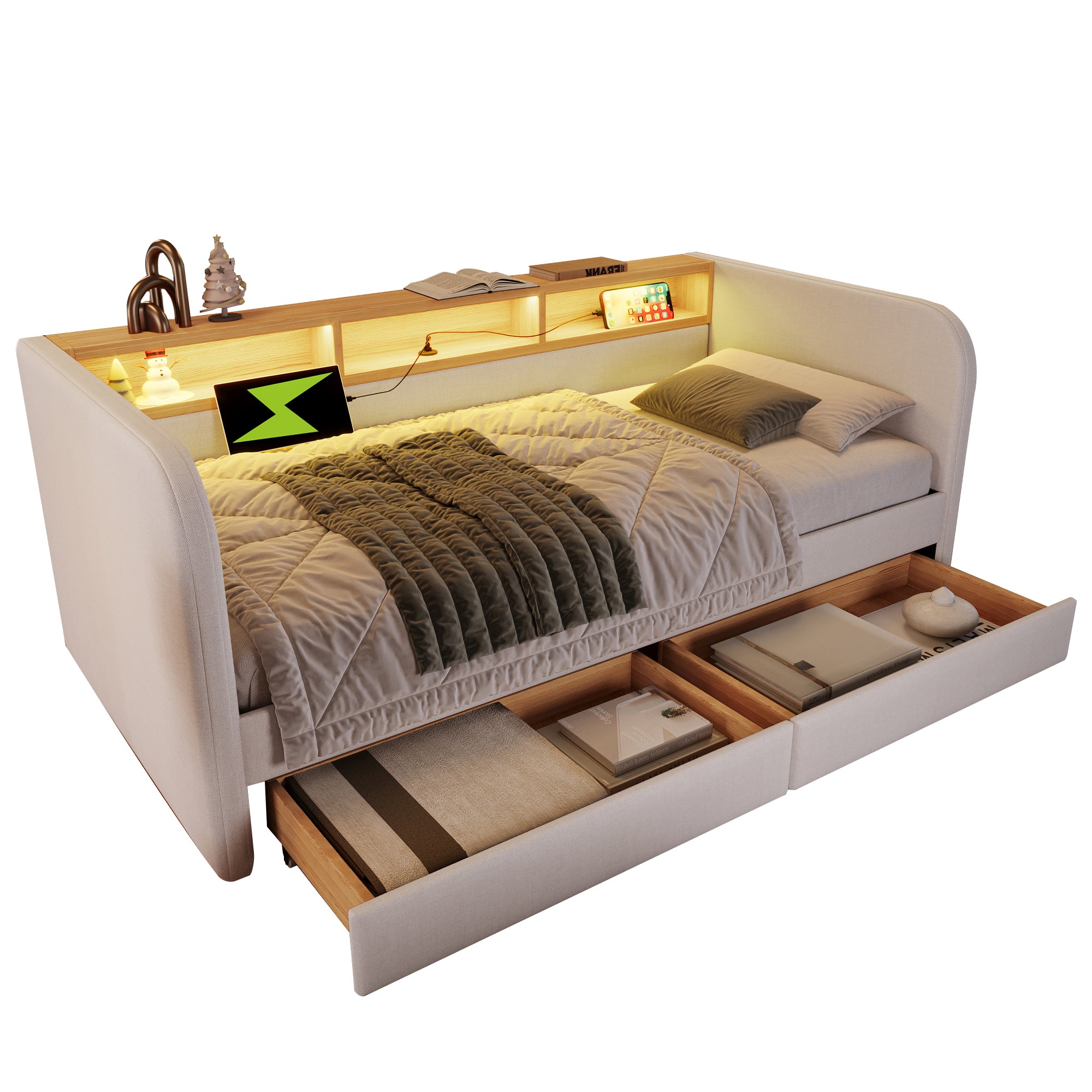 Upholstered Daybed with Headboard Storage, 90 x 190 cm Single Sofa Bed with LED and USB Type-C Reading Light, 3FT Daybed with 2 Drawers, Linen, Beige (Without Mattress)
