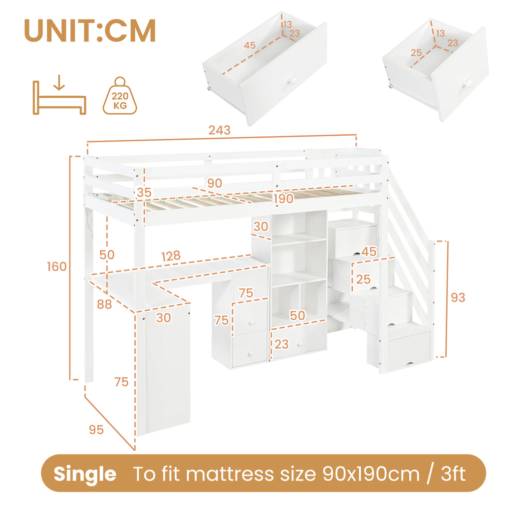 3ft Single Loft Bed with L-Shaped Desk & Storage Stairs, Wooden Bed Frame with Smart RGB LED Lights, Integrated Drawers & Individual Storage Locker, Modern Space-Saving Solution, White (No Mattress)