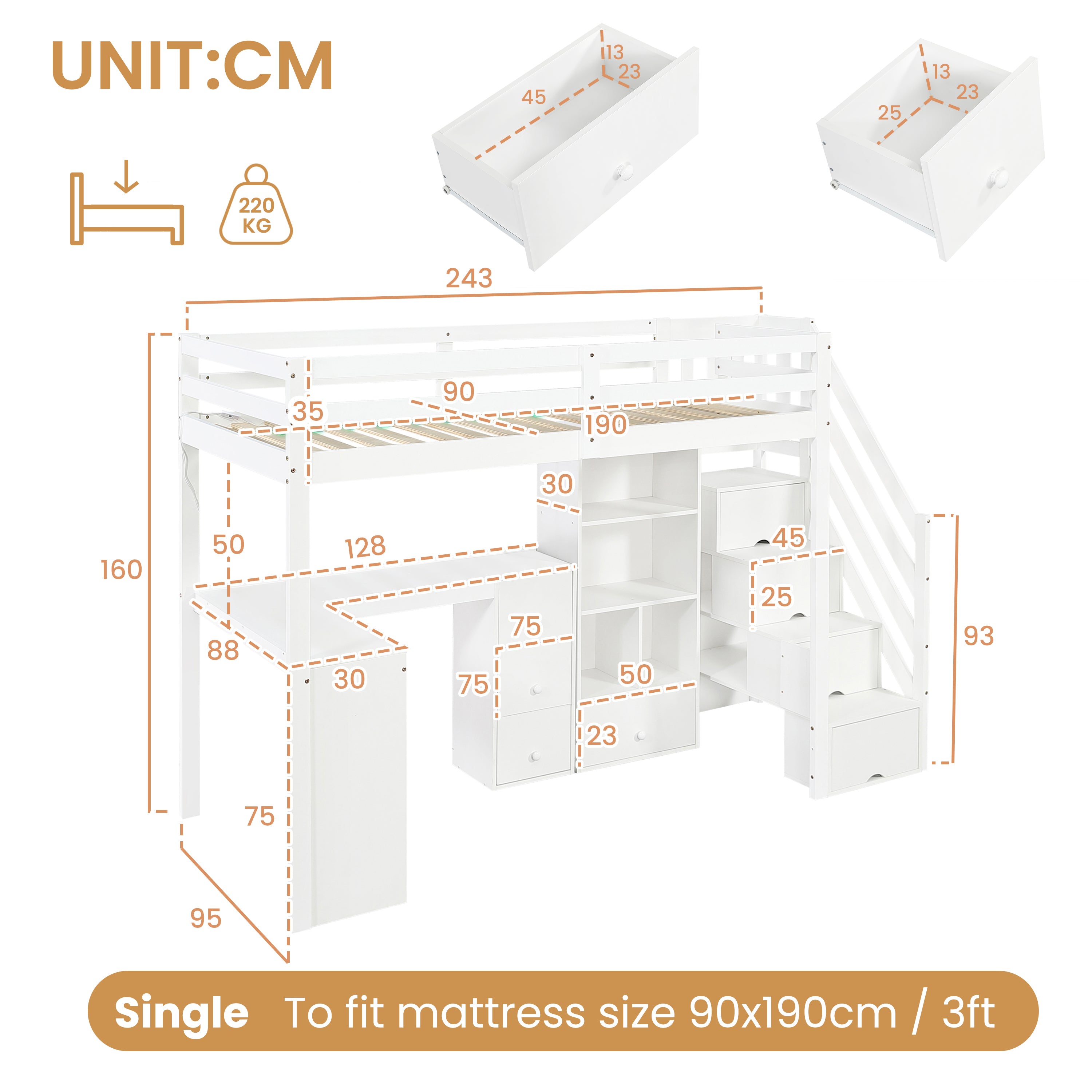 3ft Single Loft Bed with L-Shaped Desk & Storage Stairs, Wooden Bed Frame with Smart RGB LED Lights, Integrated Drawers & Individual Storage Locker, Modern Space-Saving Solution, White (No Mattress)