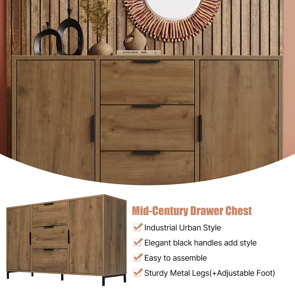  Sideboard Cabinet for Living Room, Chest of Drawers with 2 Doors and 3 Drawers, Adjustable shelf, Dark Oak, 40D x 120W x 76H cm