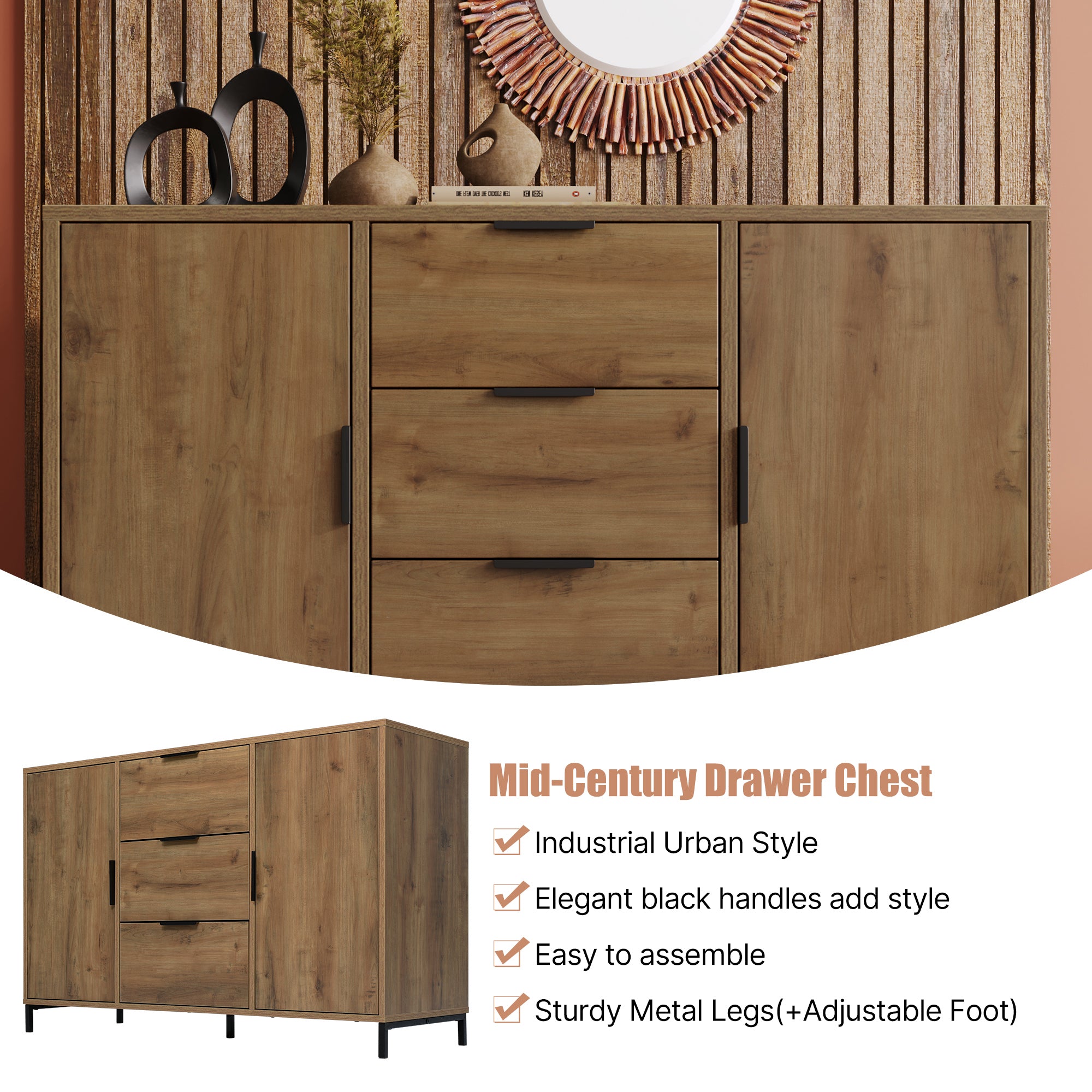  Sideboard Cabinet for Living Room, Chest of Drawers with 2 Doors and 3 Drawers, Adjustable shelf, Dark Oak, 40D x 120W x 76H cm