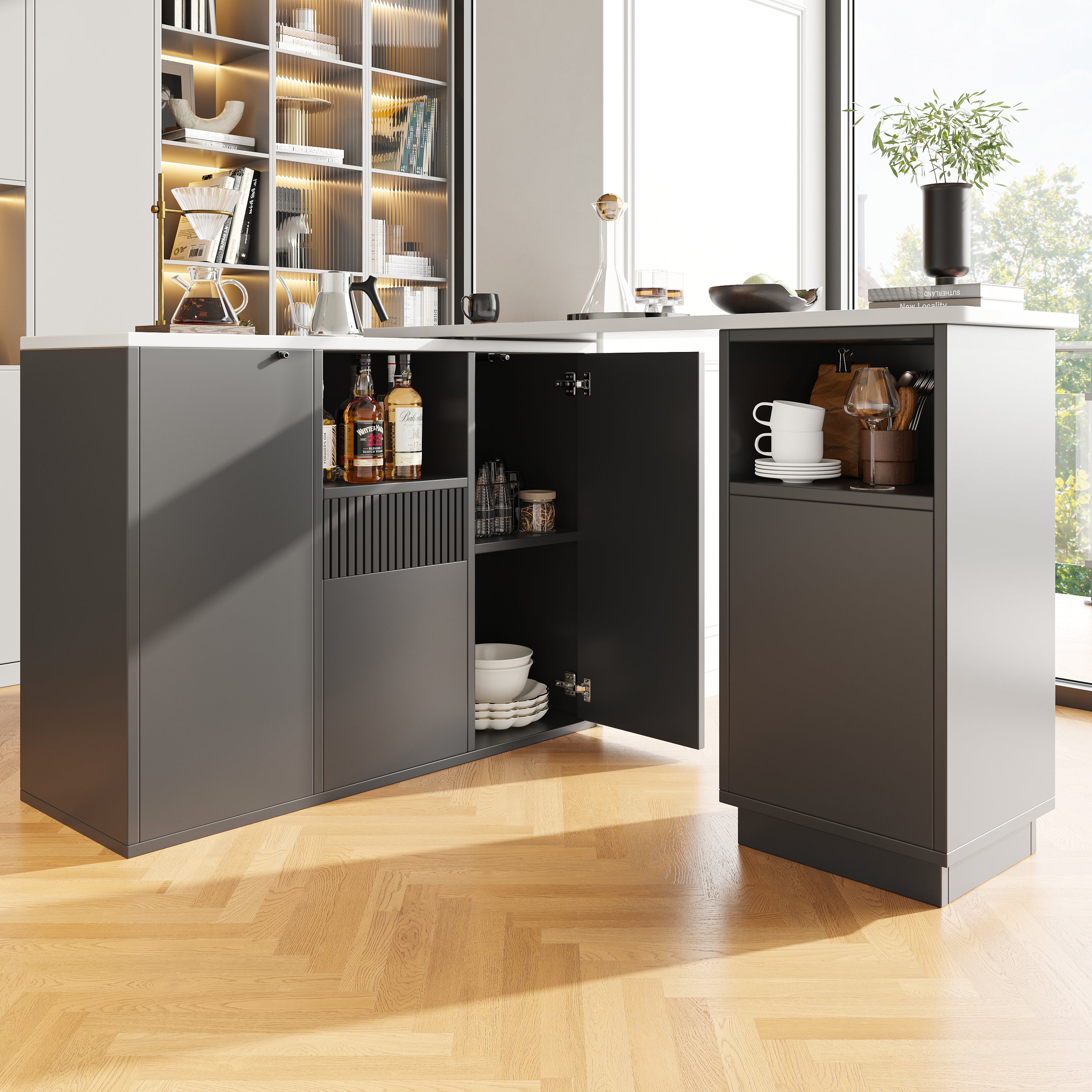 360° swivelling bar table (main body 198.5 x 30 x 75 cm), modern and sleek design, with open storage space and marble worktop, suitable for kitchen, living room and dining room, black