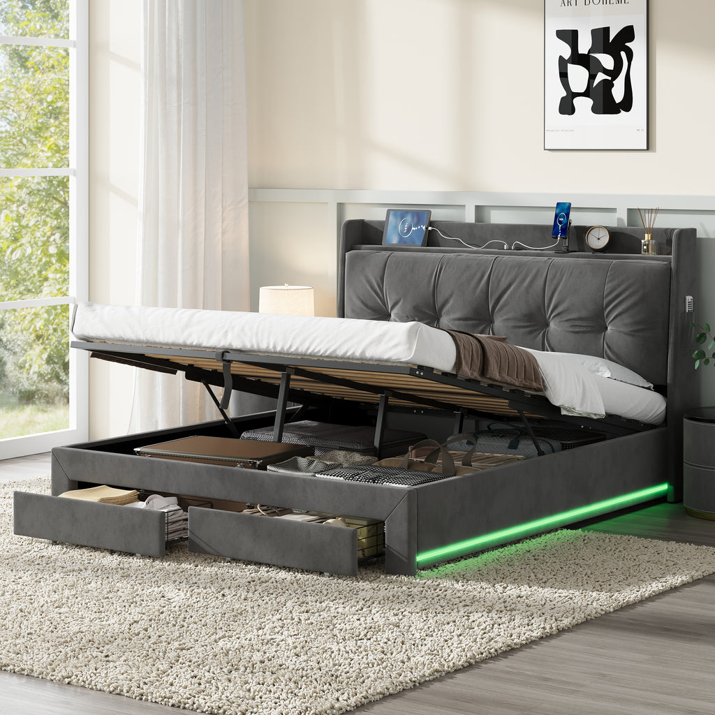 5ft King Upholstered Bed Frame with Hydraulic and Drawers Storage, Back Cushion Headboard with Charging Station,  Velvet Ottoman Hydraulic Bed with RGB LED Lighting, Grey (No Mattress)
