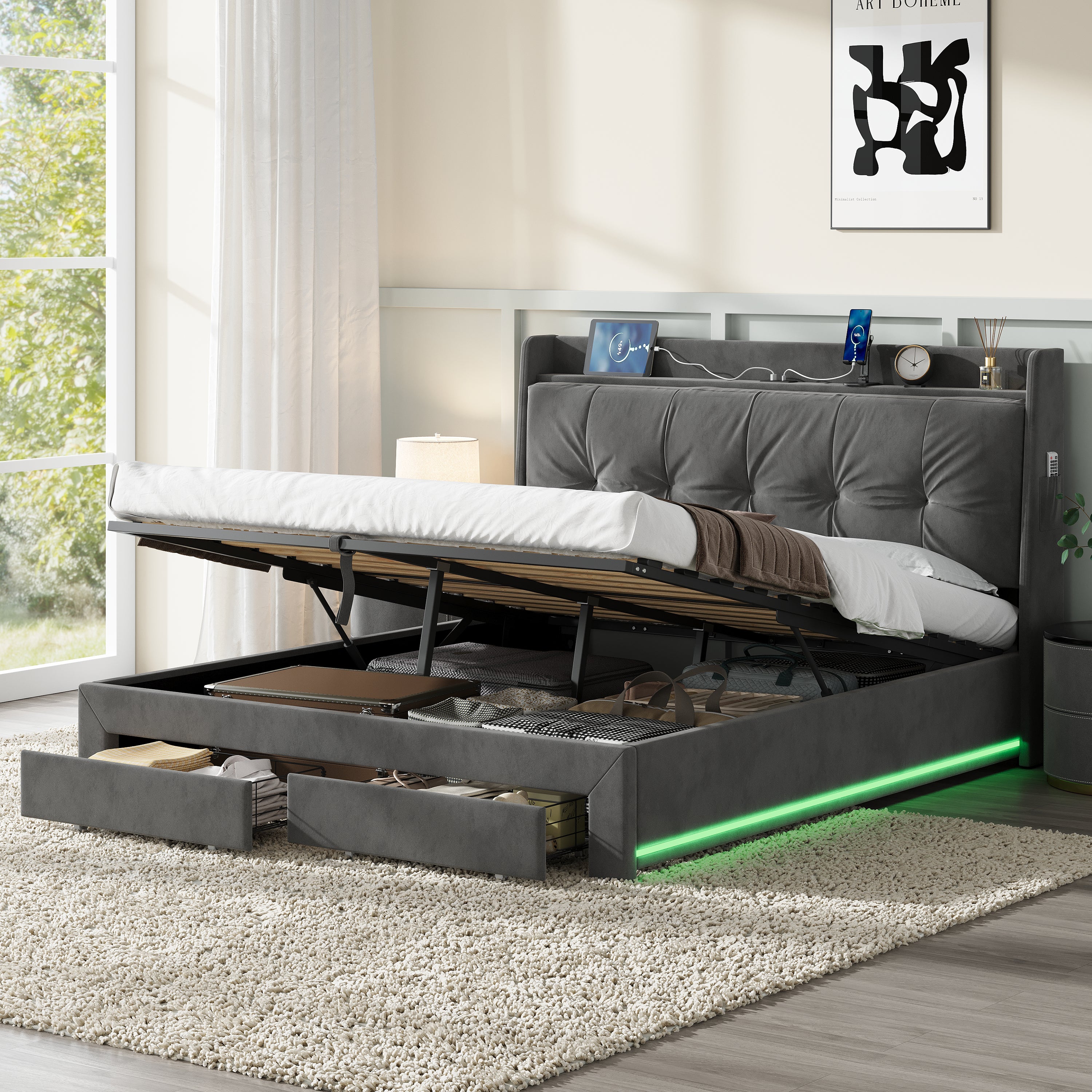 5ft King Upholstered Bed Frame with Hydraulic and Drawers Storage, Back Cushion Headboard with Charging Station,  Velvet Ottoman Hydraulic Bed with RGB LED Lighting, Grey (No Mattress)