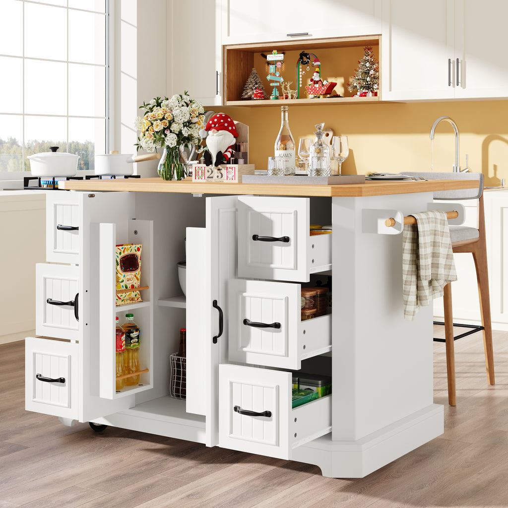 Mobile Kitchen Island Cart on Wheels - Cabinet with 2 Doors & 6 Drawers, Adjustable Width 45-75cm, White/Black