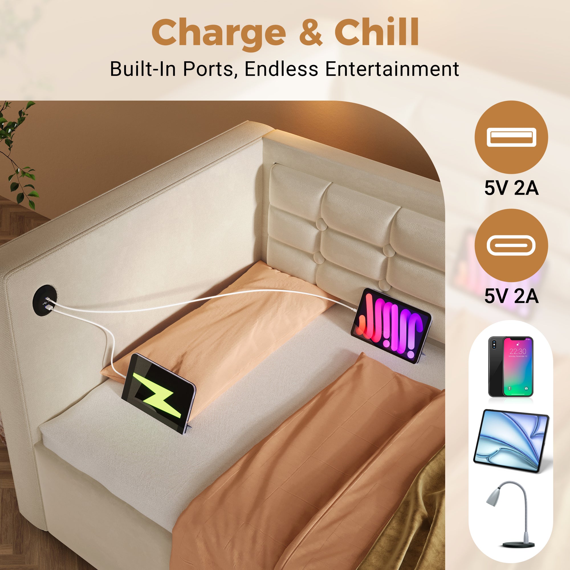 Daybed Upholstered Bed 90 x 190 cm, 3FT Single Sofa Bed with USB &Type-C Charging Station,  Hydraulic Storage Bed for Living Room and Bedroom, Velvet, Beige (No Mattress)