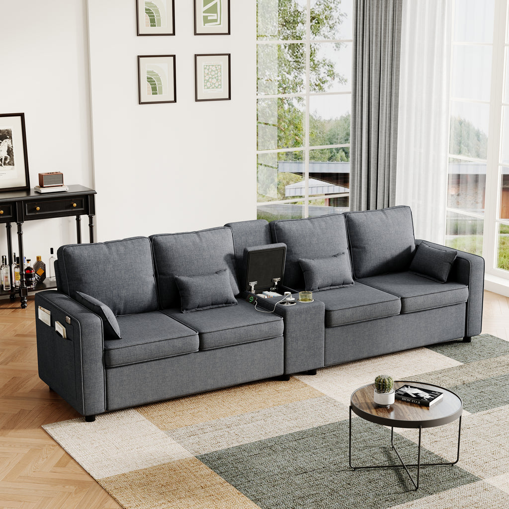 4-Seater Modern Sofa with Storage Console, Minimalist Style Couch with Side Pockets, Cup Holders and Charging Ports (USB & Type-C), for Living Room, Apartment, Office,Grey, Linen Fabric