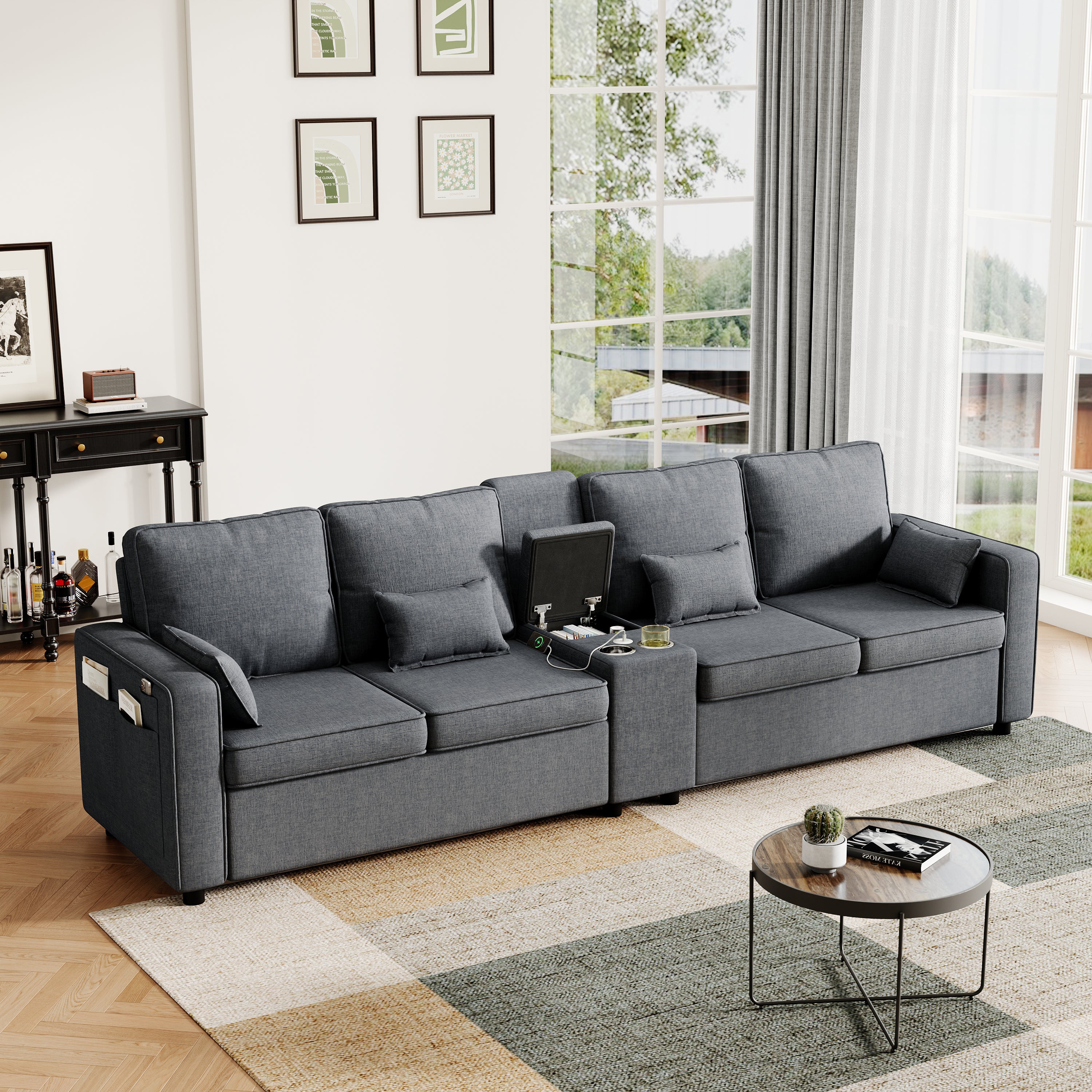 4-Seater Modern Sofa with Storage Console, Minimalist Style Couch with Side Pockets, Cup Holders and Charging Ports (USB & Type-C), for Living Room, Apartment, Office,Grey, Linen Fabric