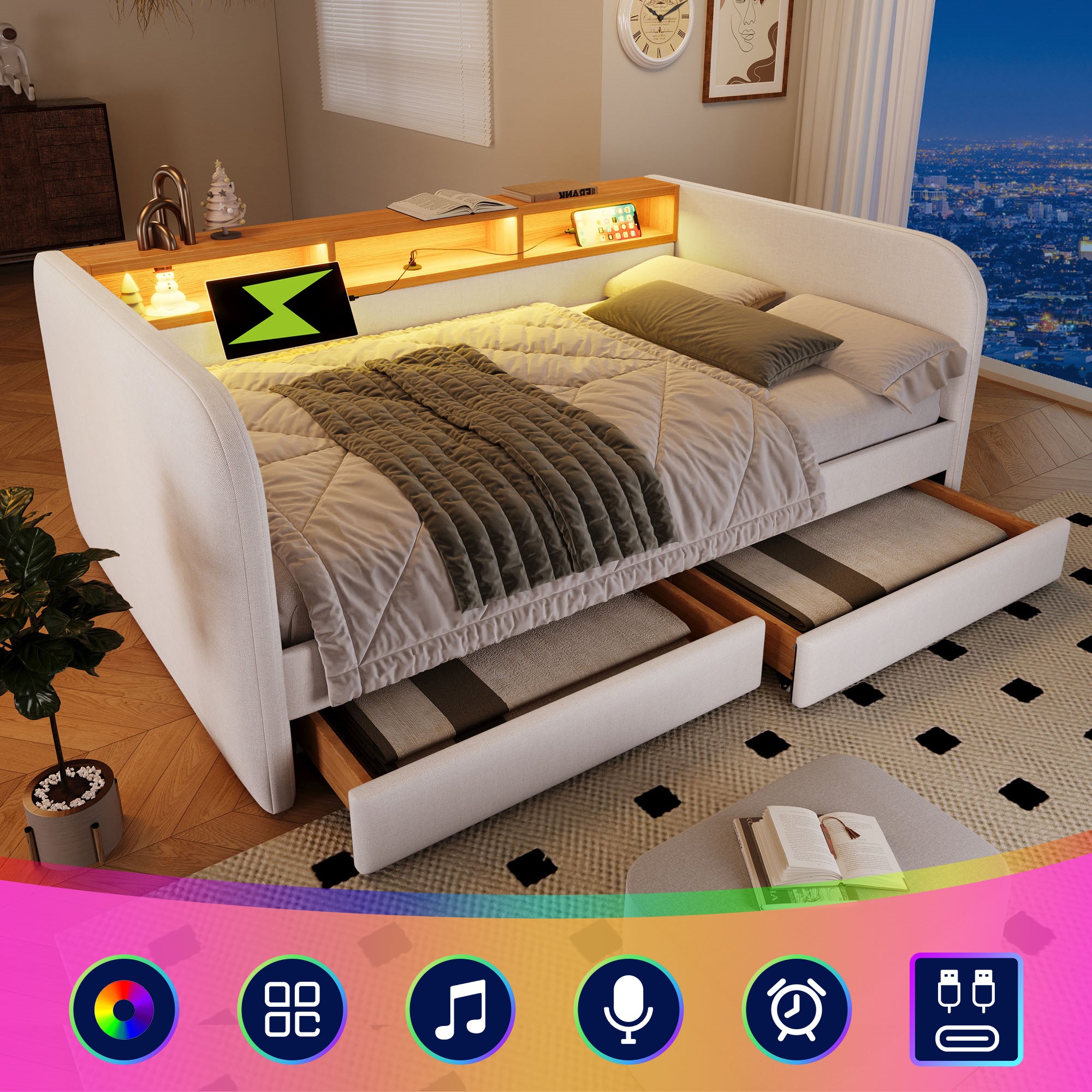 Upholstered Daybed with Headboard Storage, 90 x 190 cm Single Sofa Bed with LED and USB Type-C Reading Light, 3FT Daybed with 2 Drawers, Linen, Beige (Without Mattress)