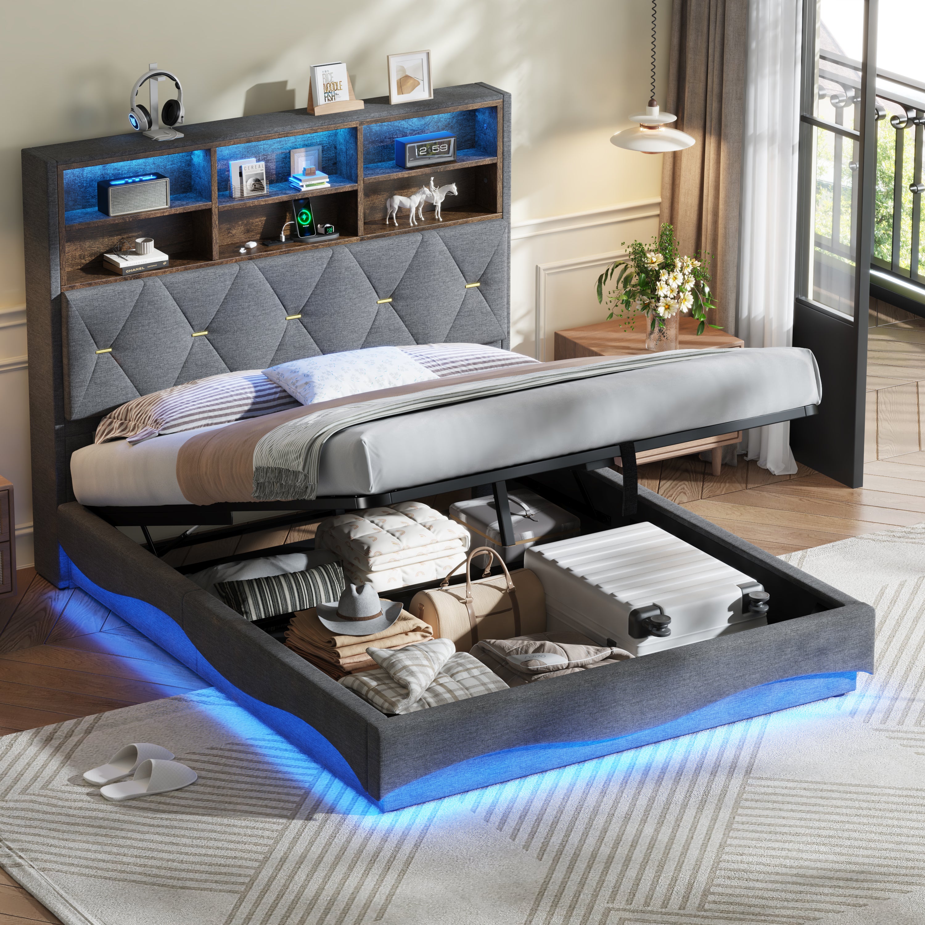 4ft6 Double Upholstered Bed Frame with Hydraulic Storage, Wavy LED Heightened Headboard with Charging Station, USB and Type - C Ports, Linen, No Box Spring Needed, Grey (No Mattress)