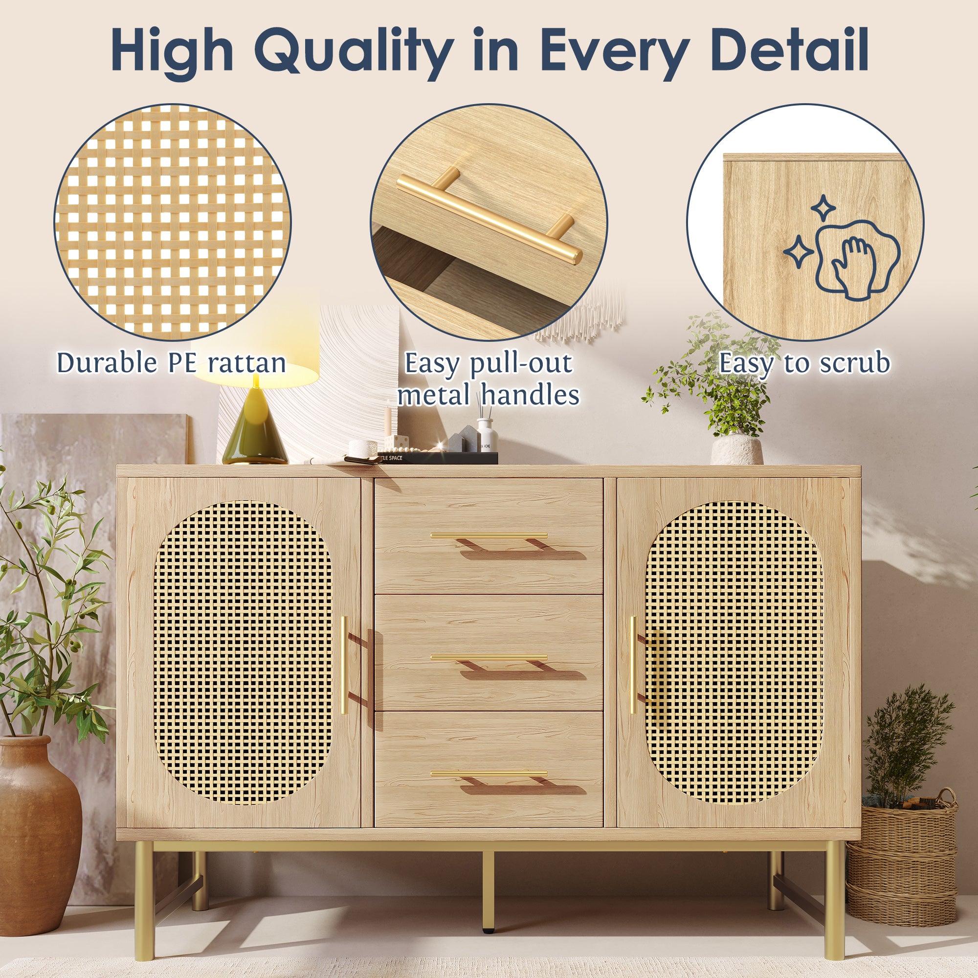 Rattan Sideboard Storage Cabinet  with 2 Doors 3 Drawers, Storage Cabinet for Living Room, Bedroom, and Hallway, Metal Handles, Adjustable Shelves, Anti-Tip, 120 x 40 x 74 cm, Oak
