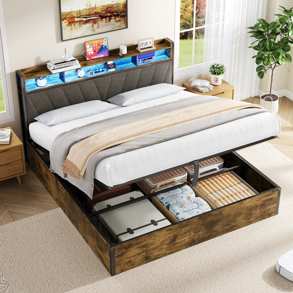 5ft King Bed Frame with Hydraulic Storage, RGB LED Storage Headboard with Charging Station, USB and Type-C Ports, No Box Spring Needed, Easy Assembly, Black+Walnut (No Mattress)