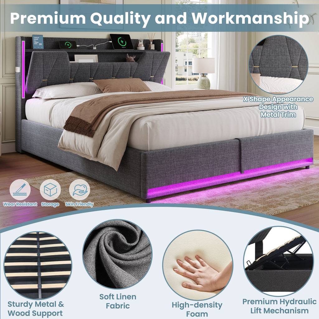 5ft King Upholstered Bed Frame with Hydraulic Storage,  LED X-Shape Headboard with Charging Station and Flip-top Headboard Storage, USB and Type - C Ports, Linen, Grey (No Mattress)