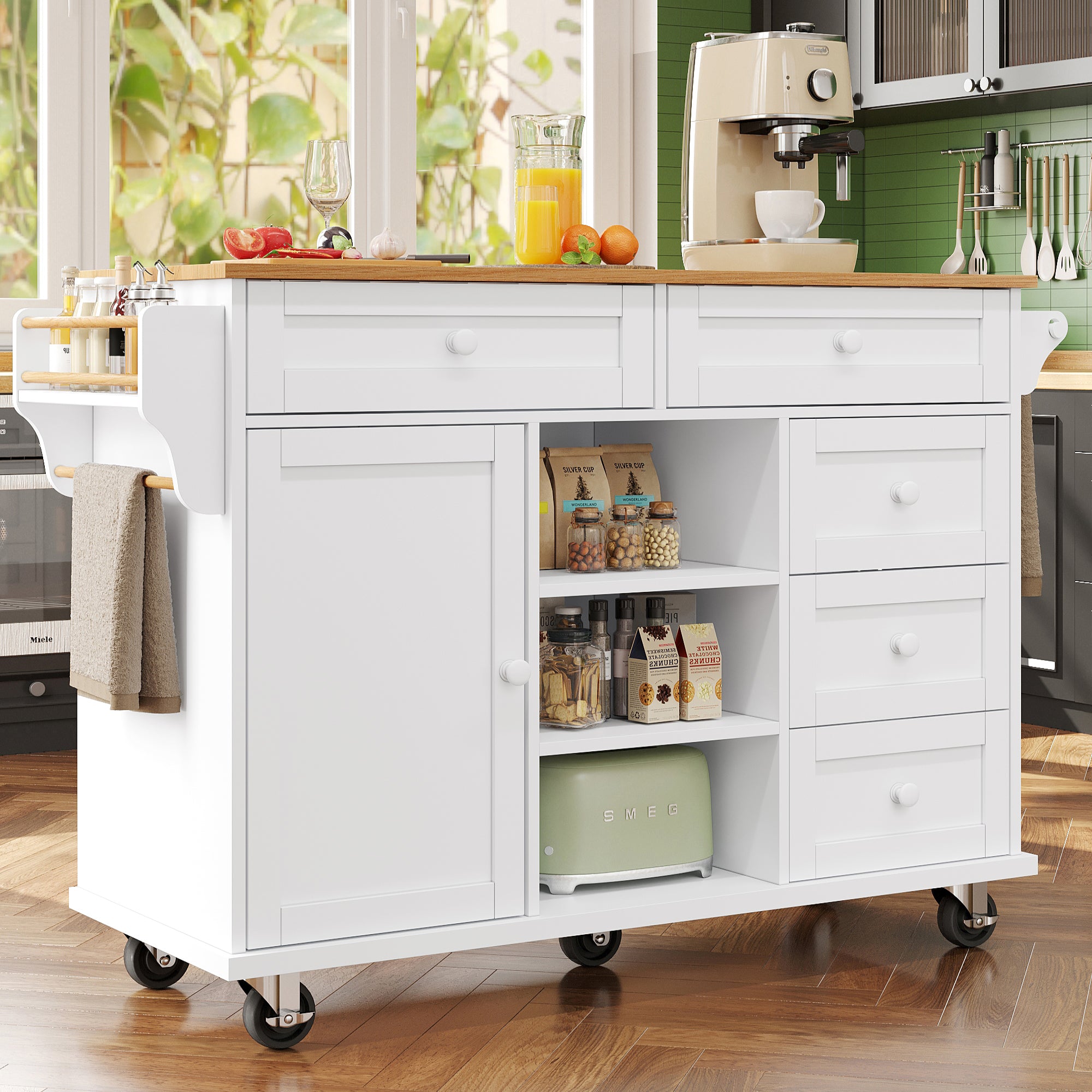 Dining trolley (134 x 46 x 92 cm), modern and simple white food trolley, combined drawer-storage cabinet design, mobile and fixed dual-use design, suitable for domestic and commercial kitchens, white