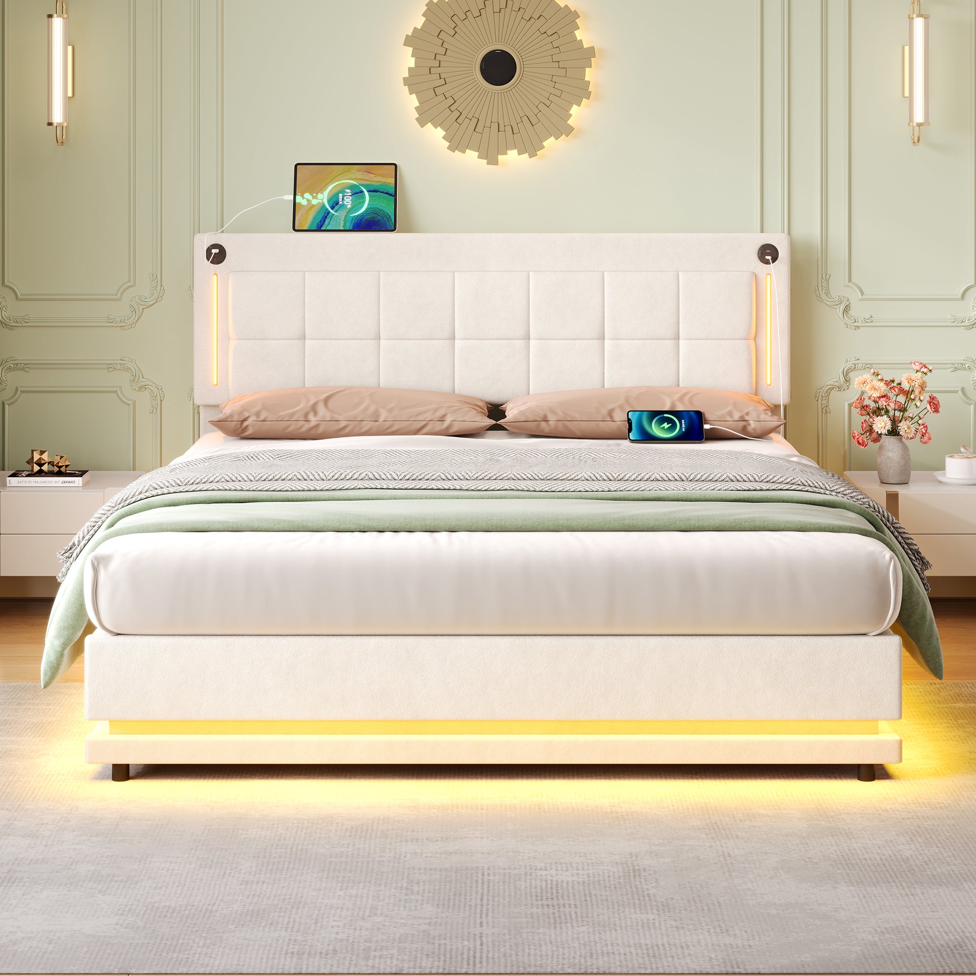 4ft6 Double LED Hydraulic Bed with Charging Station, Adjustable Square Tufted Headboard with Intelligent Control Light, Soft Velvet Bed Frame with USB and Type - C Ports, Beige (No Mattress)