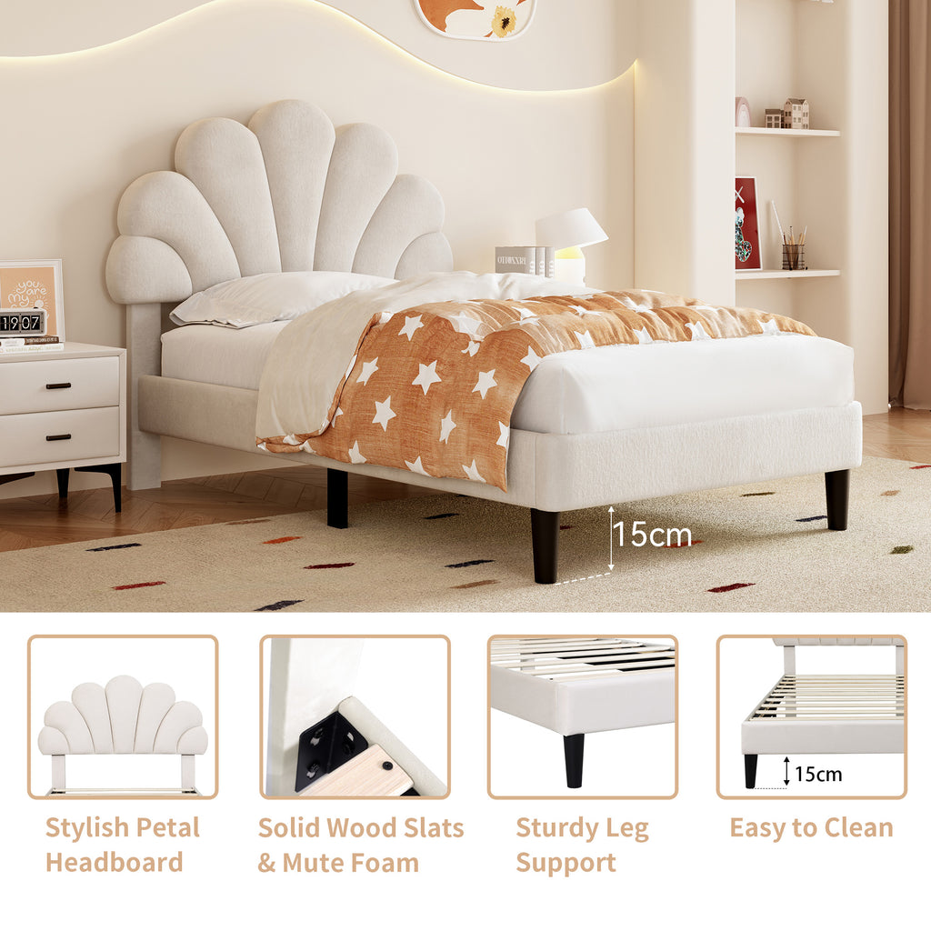 3ft Single Upholstered Velvet Bed Frame, with Adjustable Chic Petal Headboard, Velvet Platform Bed Frame with Solid Wood Slat, No Box Spring Needed, Easy Assembly, Beige