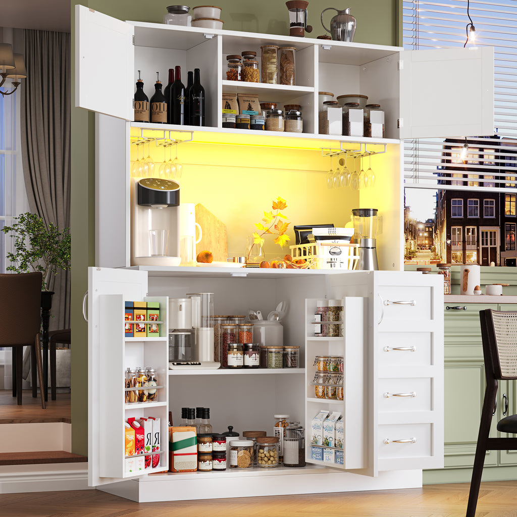 Sideboard / Storage Cabinet / Kitchen Cabinet / Buffet Cabinet, 120x40x188cm, with LED Lighting, Snack Rack & Drink Holders, 4 Doors & 2 Large Drawers, Green/White