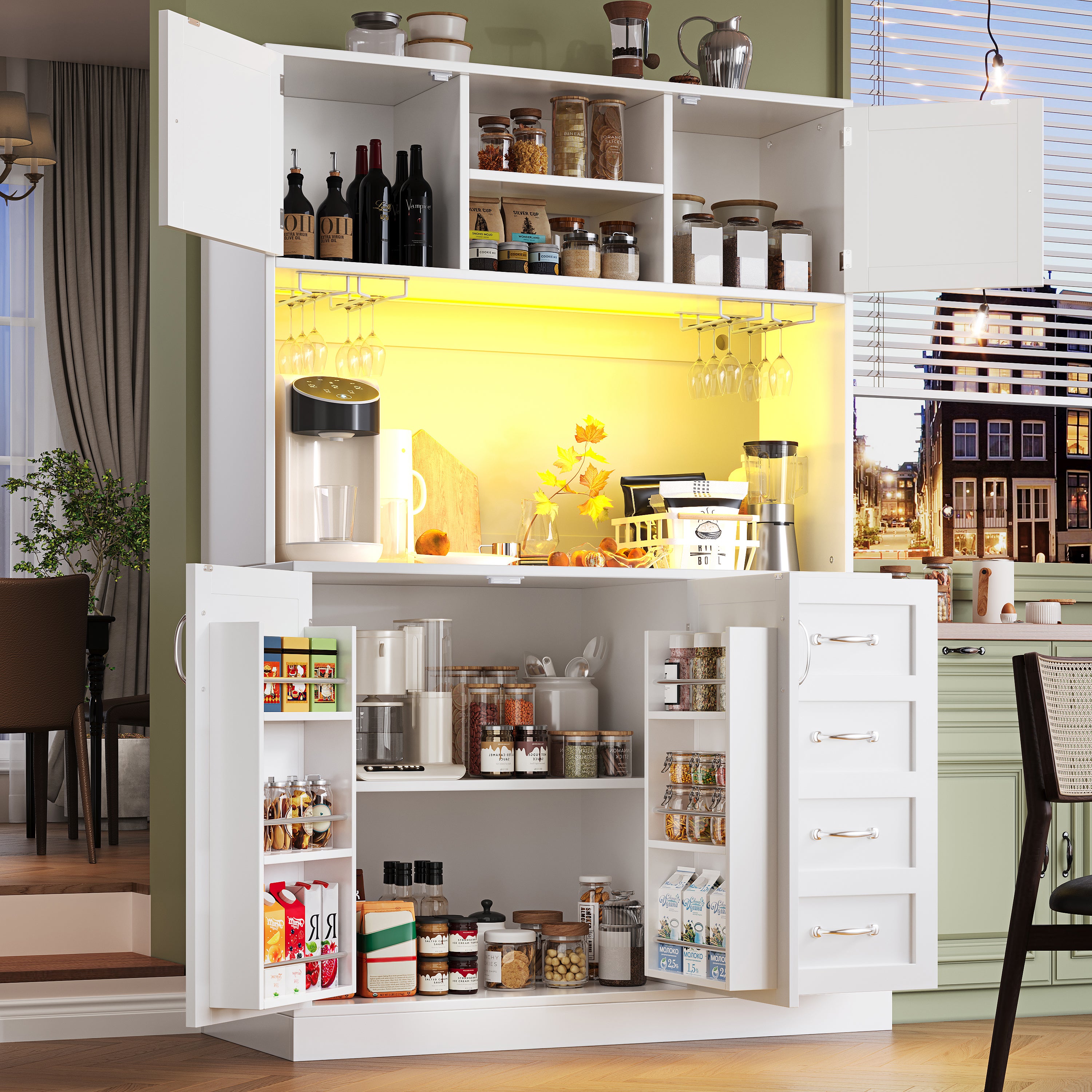 Sideboard / Storage Cabinet / Kitchen Cabinet / Buffet Cabinet, 120x40x188cm, with LED Lighting, Snack Rack & Drink Holders, 4 Doors & 2 Large Drawers, Green/White