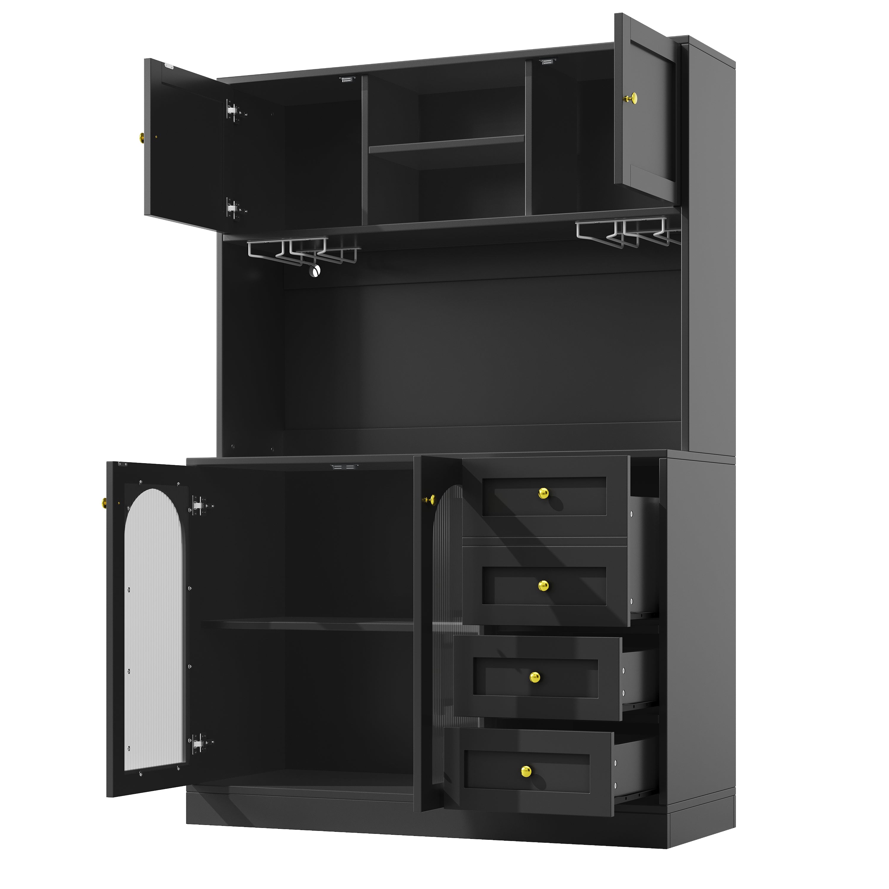 Sideboard / Storage Cabinet / Kitchen Cabinet / Buffet Cabinet, 120x40x188cm, Farmhouse Style, 4 Doors, with LED Light Strip & Drink Holders, Black/White (Fluted Glass Doors)