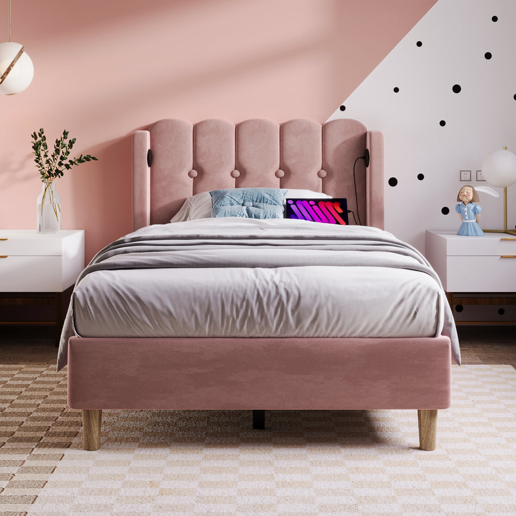 Upholstered Single Bed with USB and Type-C Charging, Bed Frame with Wooden Slatted Frame, Teenager Bed for Bedroom & Guest Room,3ft 90x 190 cm Bed Frame, Pink, Velvet Material (No Mattress).