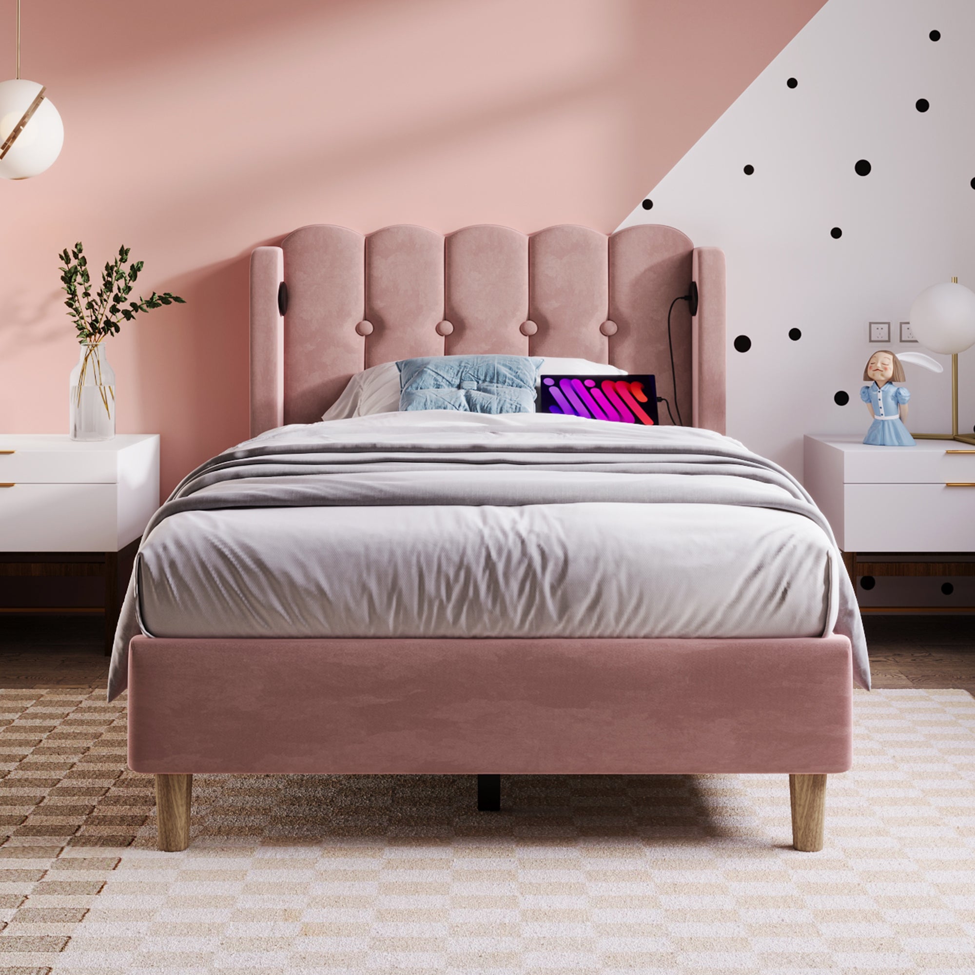Upholstered Single Bed with USB and Type-C Charging, Bed Frame with Wooden Slatted Frame, Teenager Bed for Bedroom & Guest Room,3ft 90x 190 cm Bed Frame, Pink, Velvet Material (No Mattress).