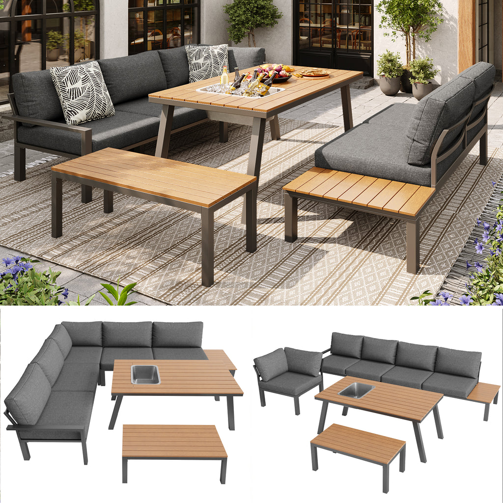 Outdoor garden lounge furniture set for 6-7 people, for garden, balcony, terrace, all-weather seating set, modern garden furniture set, galvanised iron frame, table top with ice bucket, grey