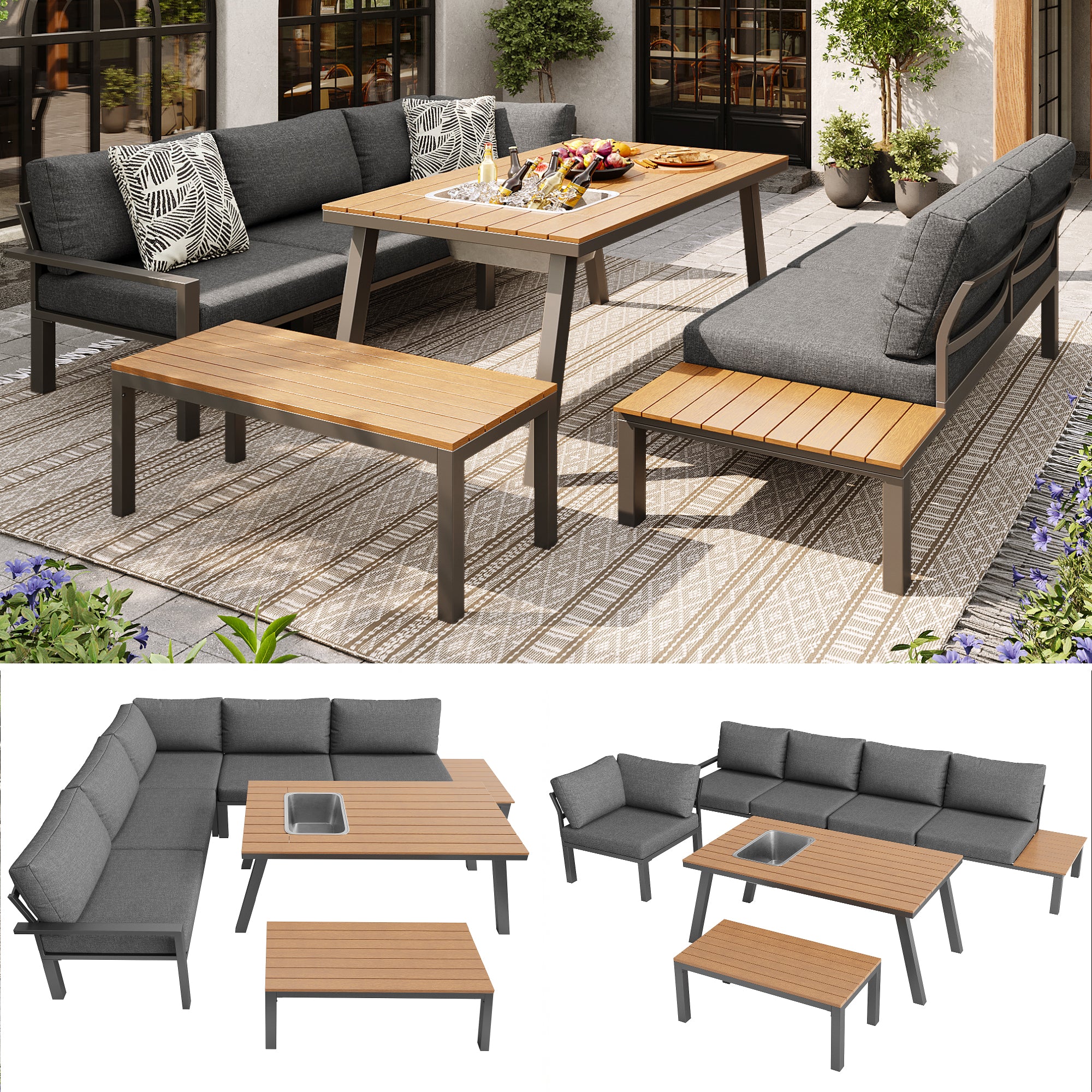 Outdoor garden lounge furniture set for 6-7 people, for garden, balcony, terrace, all-weather seating set, modern garden furniture set, galvanised iron frame, table top with ice bucket, grey
