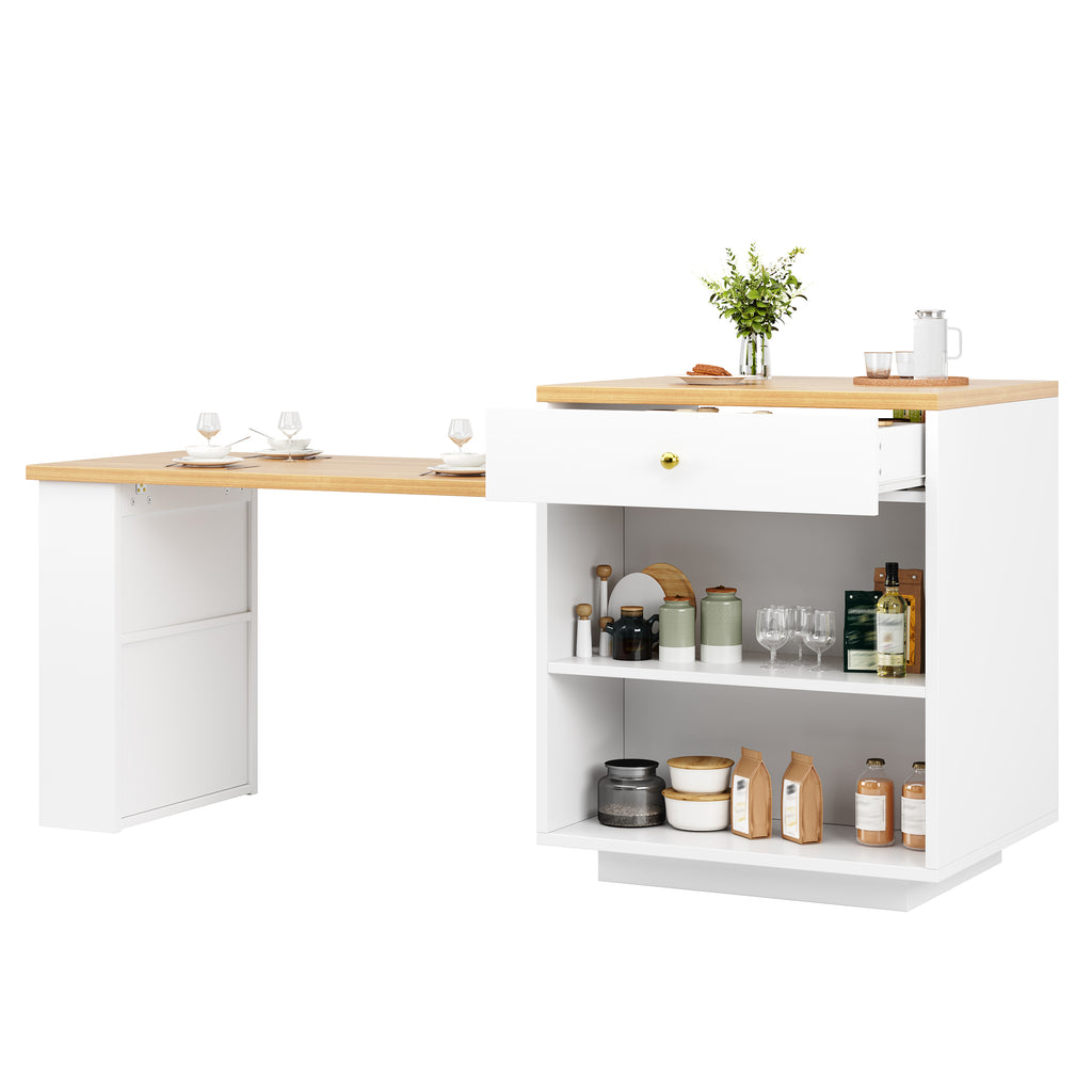 Extendable bar table with storage (122.5-195.5×70×93.8cm), with three drawers and wine rack, kitchen island with extendable table, for 2-6 people, kitchen dining cart with side shelves, white