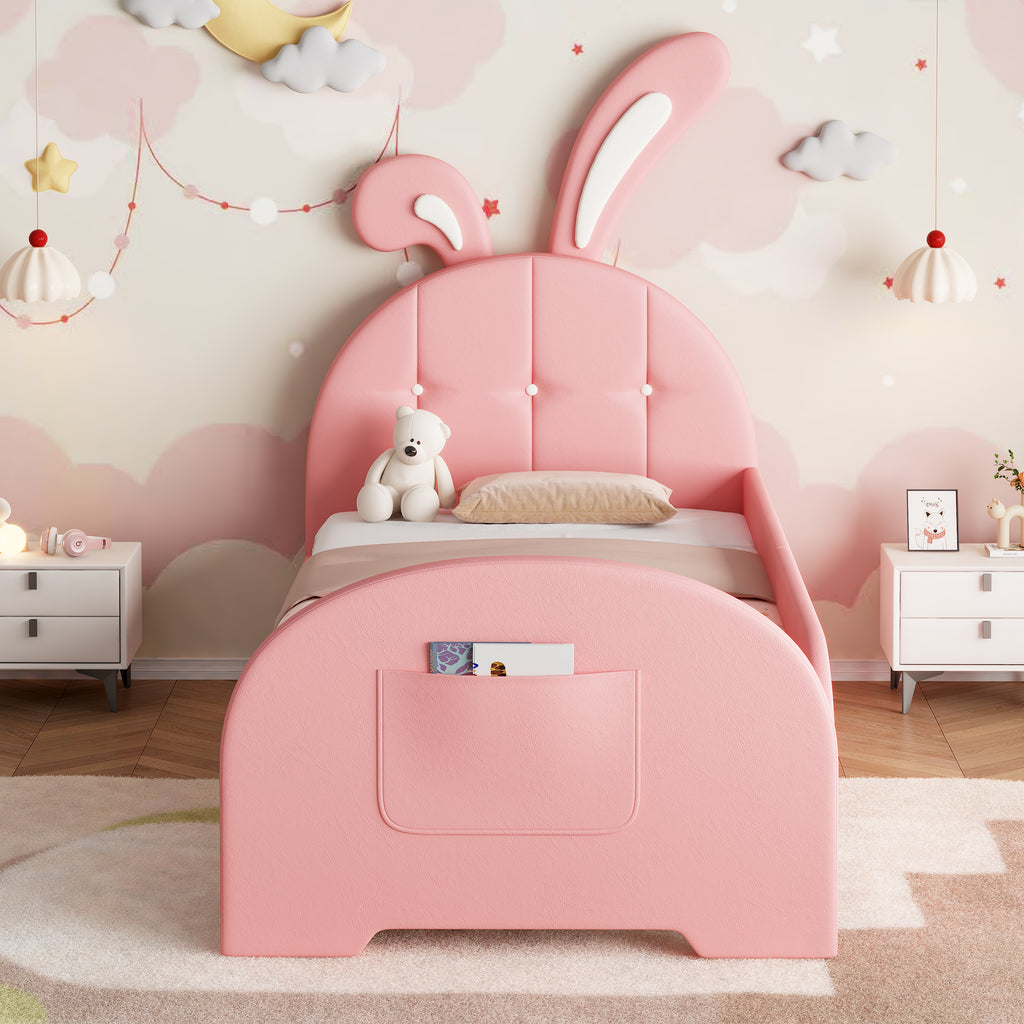 3ft Single Rabbit-Shaped Upholstered Bed Frame, Bunny Ear Headboard & Footboard Storage Pocket, Soft PU Leather Single Bed with Sturdy Metal-Wood Frame, Pink(No Mattress)