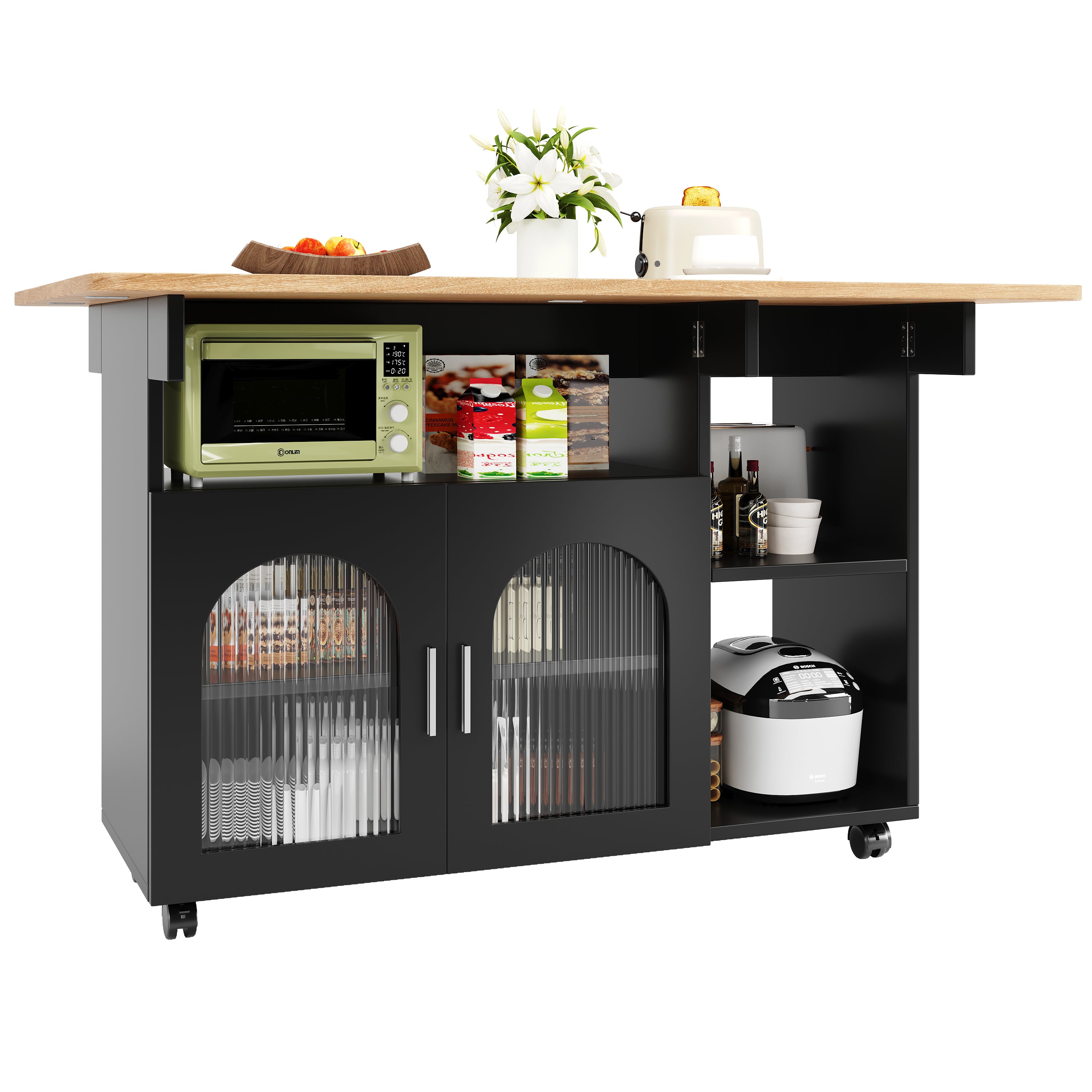 Kitchen island, kitchen cabinet, removable serving trolley, buffet cabinet, dining trolley with wood grain, buffet cabinet, multifunctional dining table with storage space, Black
