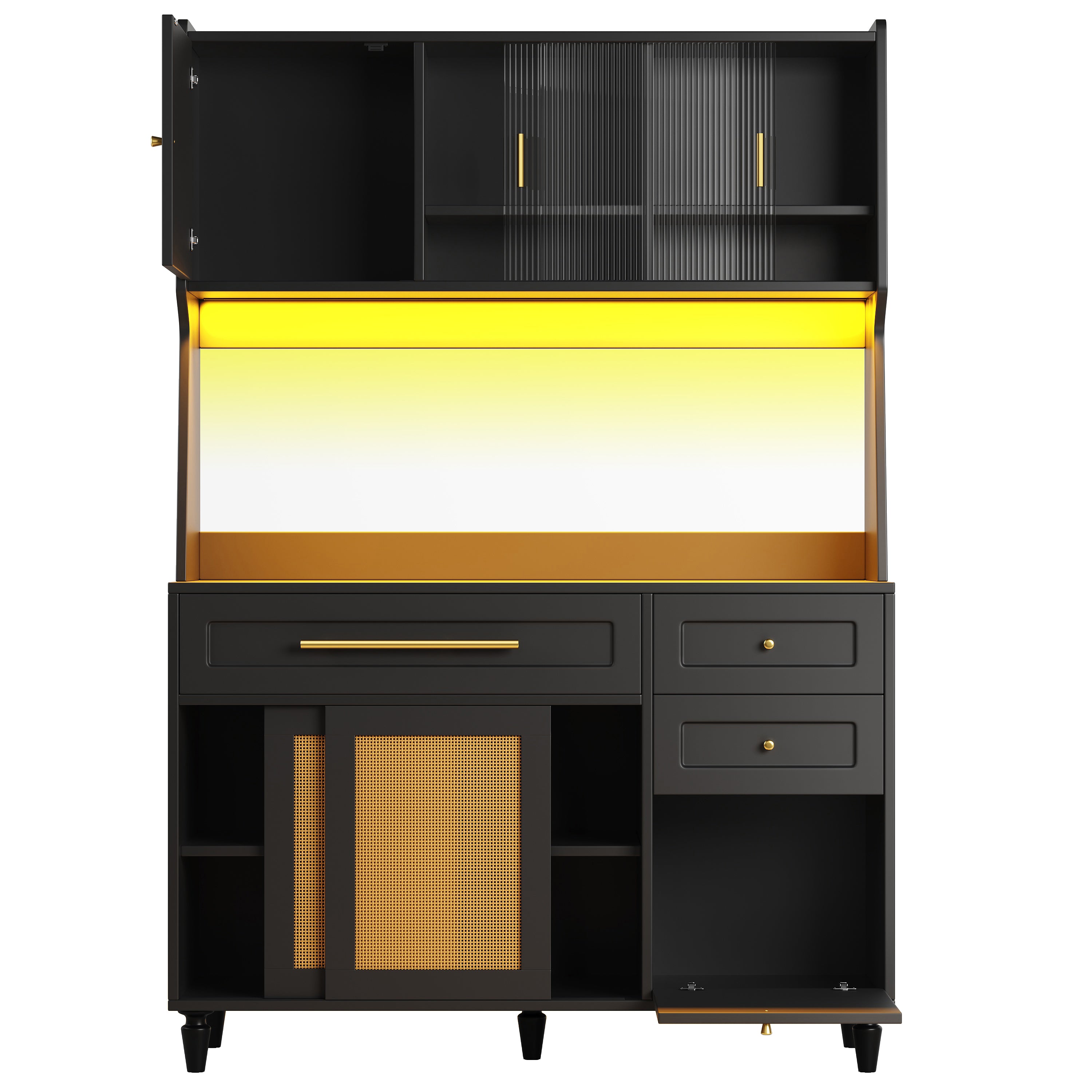 Kitchen Cabinet(120*45*195.5 cm), Tall Cabinet, Display Cabinet, Buffet Cabinet with Adjustable Shelves, Dining Room Cabinet with 3 Drawers, Sideboard with LED Lighting, PE Rattan, Black