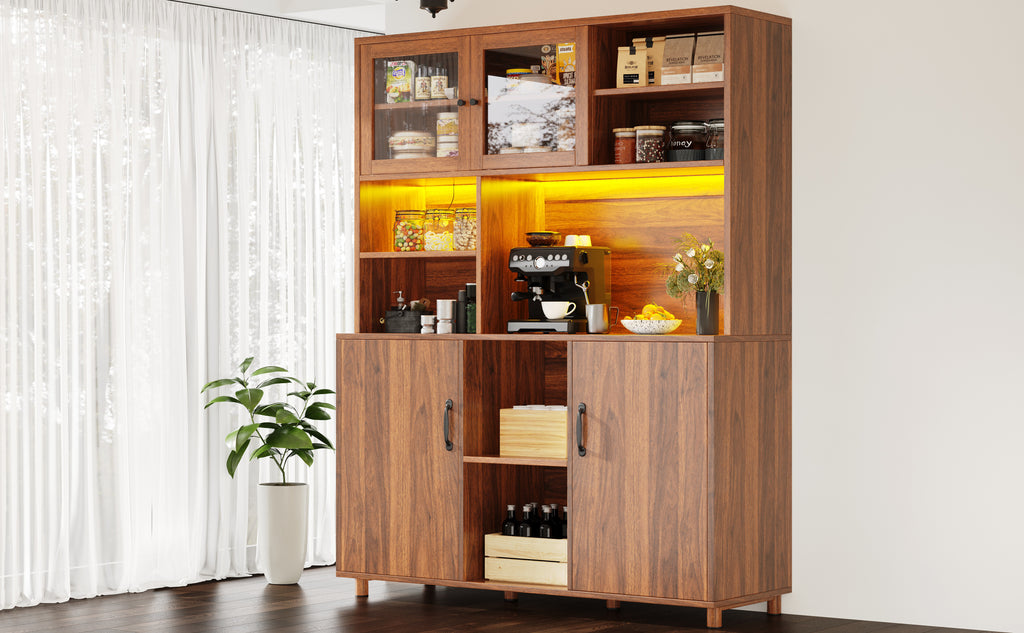 Tall cabinets for the living room, kitchen cabinet, dining room cabinet, cabinets with LED lighting, cabinet door with snack shelf, retro style, walnut color