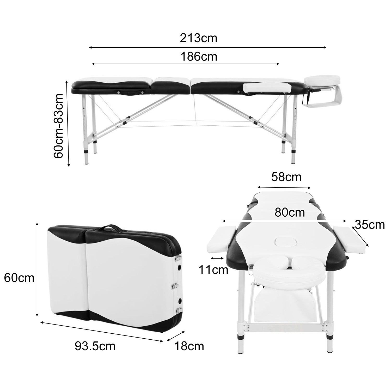 Massage Table Couch Bed Aluminium Tattoo Spa Reiki Portable Folded 3 Section with Premium PU Leather and 5 cm High Density Multi-Layer Foam Headrest Arm support and Carrying Bag