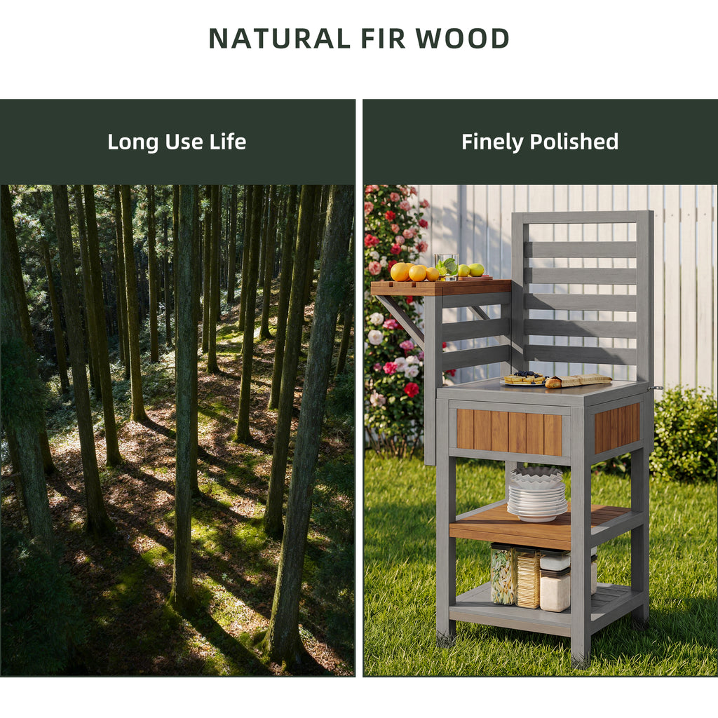 Outdoor wooden garden cabinet, weatherproof – tool shed with large stainless steel work surface and double shelf, grill station with additional storage space, weatherproof kitchen cabinet
