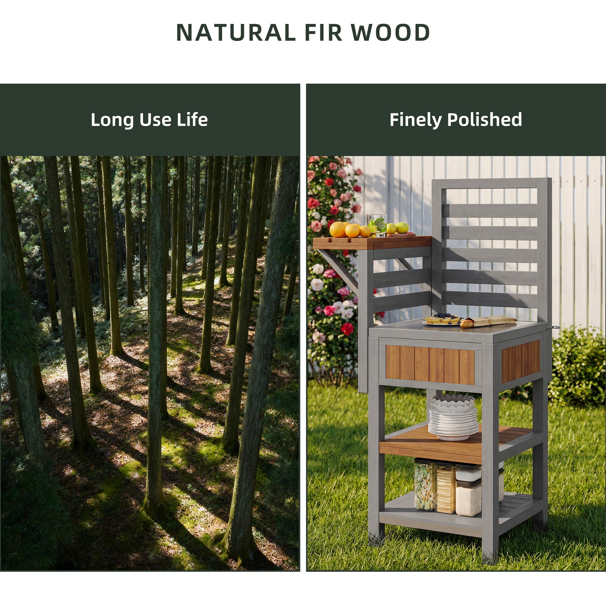 Outdoor wooden garden cabinet, weatherproof – tool shed with large stainless steel work surface and double shelf, grill station with additional storage space, weatherproof kitchen cabinet