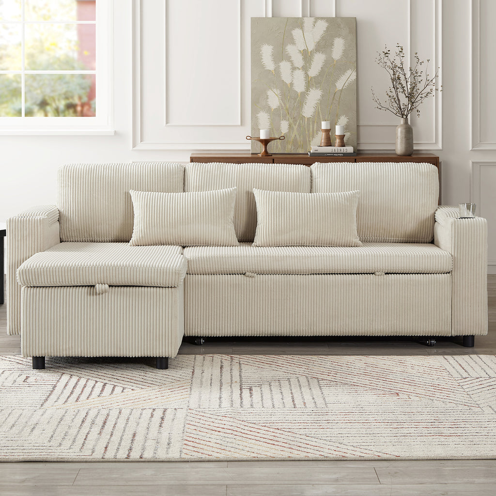 3 in 1 Convertible Corduroy Sofa Bed with Storage Chaise, L Shaped Sleeper Sofa Couches with Armrest Storage and Charging Station. Pullout Sectional Daybed for Living Room/Bedroom/Office, Beige