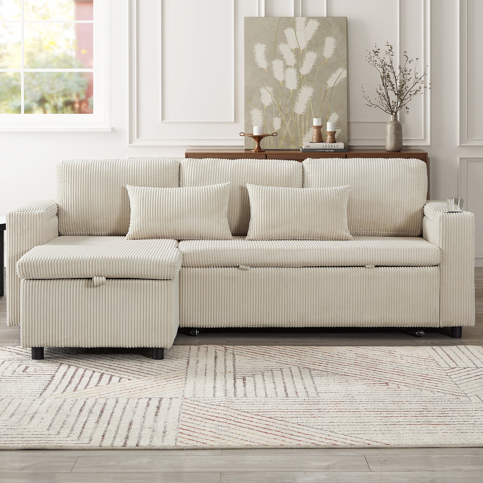 3 in 1 Convertible Corduroy Sofa Bed with Storage Chaise, L Shaped Sleeper Sofa Couches with Armrest Storage and Charging Station. Pullout Sectional Daybed for Living Room/Bedroom/Office, Beige
