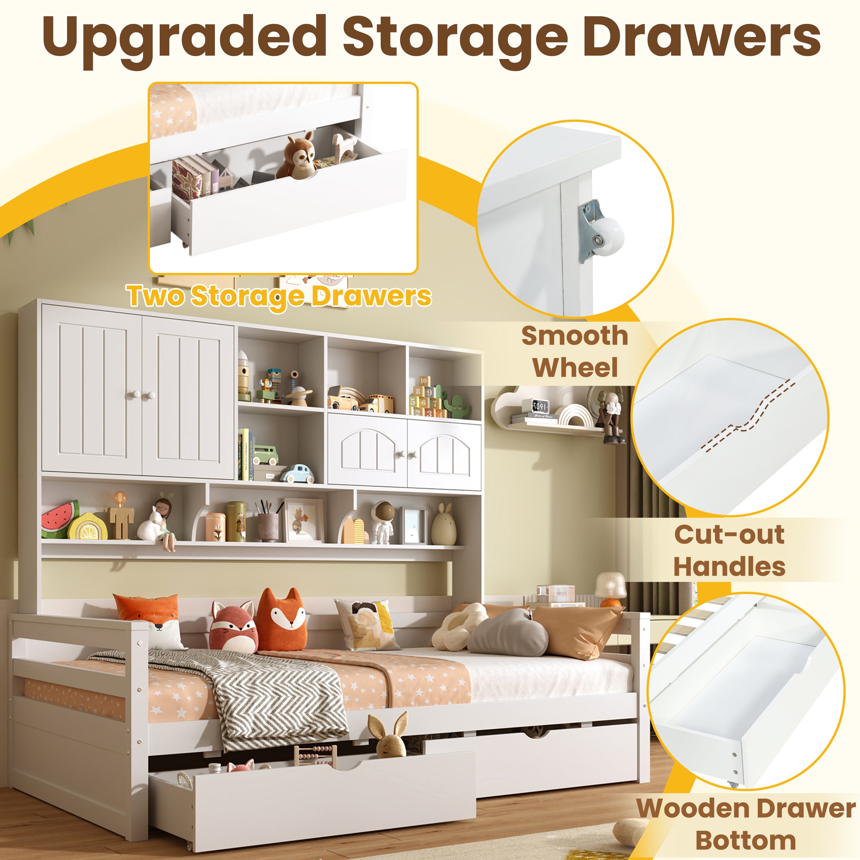 3ft Single Bed with Two Storage Drawers and Bookcase headboard, Wooden Bed Frame with Storage and Guardrail, Space-Saving Design for Bedroom, Dorm and Study Room, White (No Mattress)