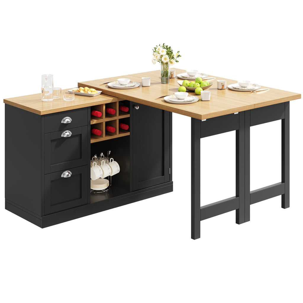 Extendable Sideboard & Dining Table Combo, 3 Drawers & Snack rack & Wine rack, Space-Saving Sideboard for Small Flats, White/Black