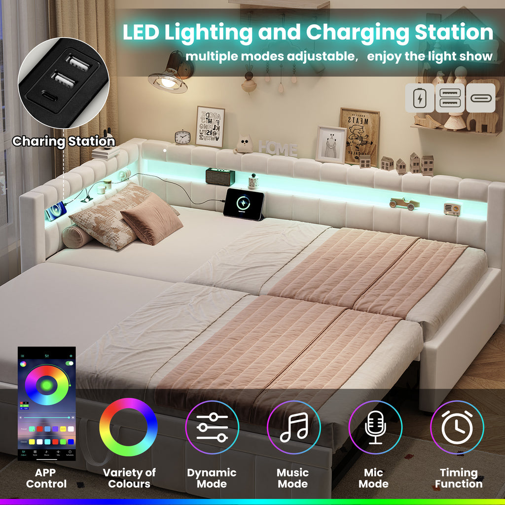 3ft Single Velvet Daybed, Sofa Bed with RGB LED Lights and Charging Station, Upholstered Sofa Bed with Trundle, Pull out Trundle Bed for Living Room, Bedroom or Study, Beige (No Mattress)