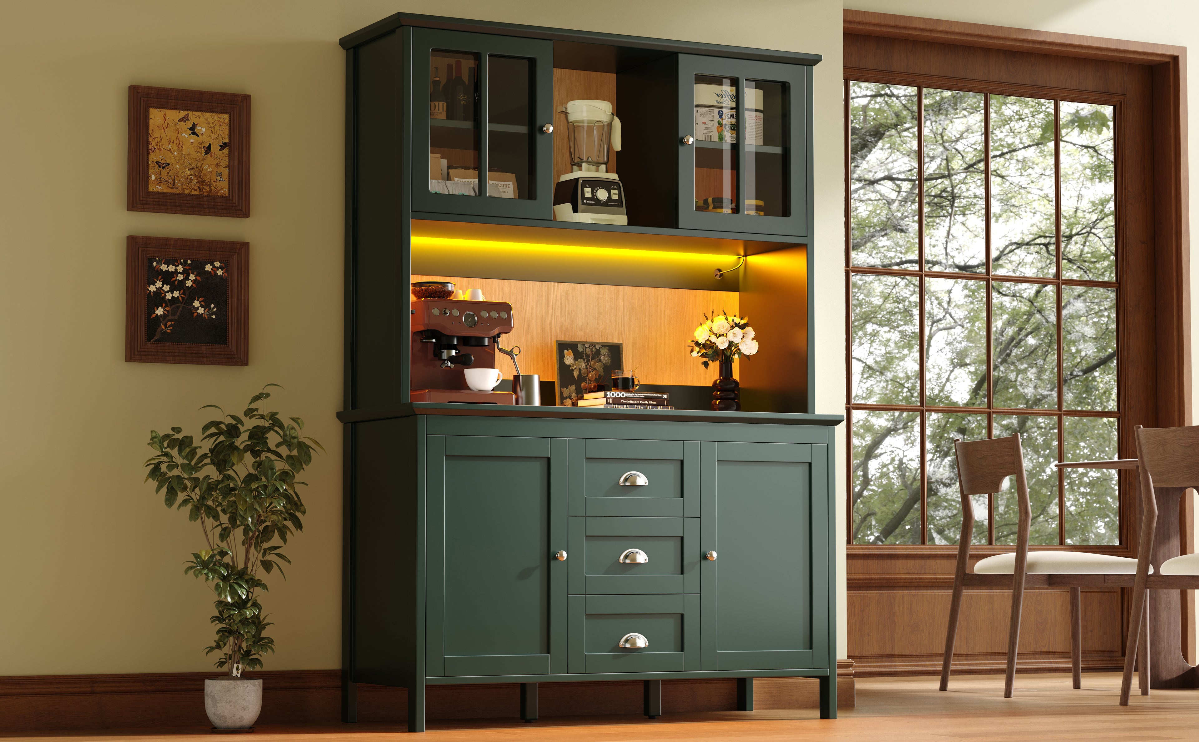 Sideboard, Storage Cabinet, Kitchen Cabinet, Tall Sideboard with LED Lighting, 120x40x179 cm, 4 Doors & 3 Drawers, Black/Green