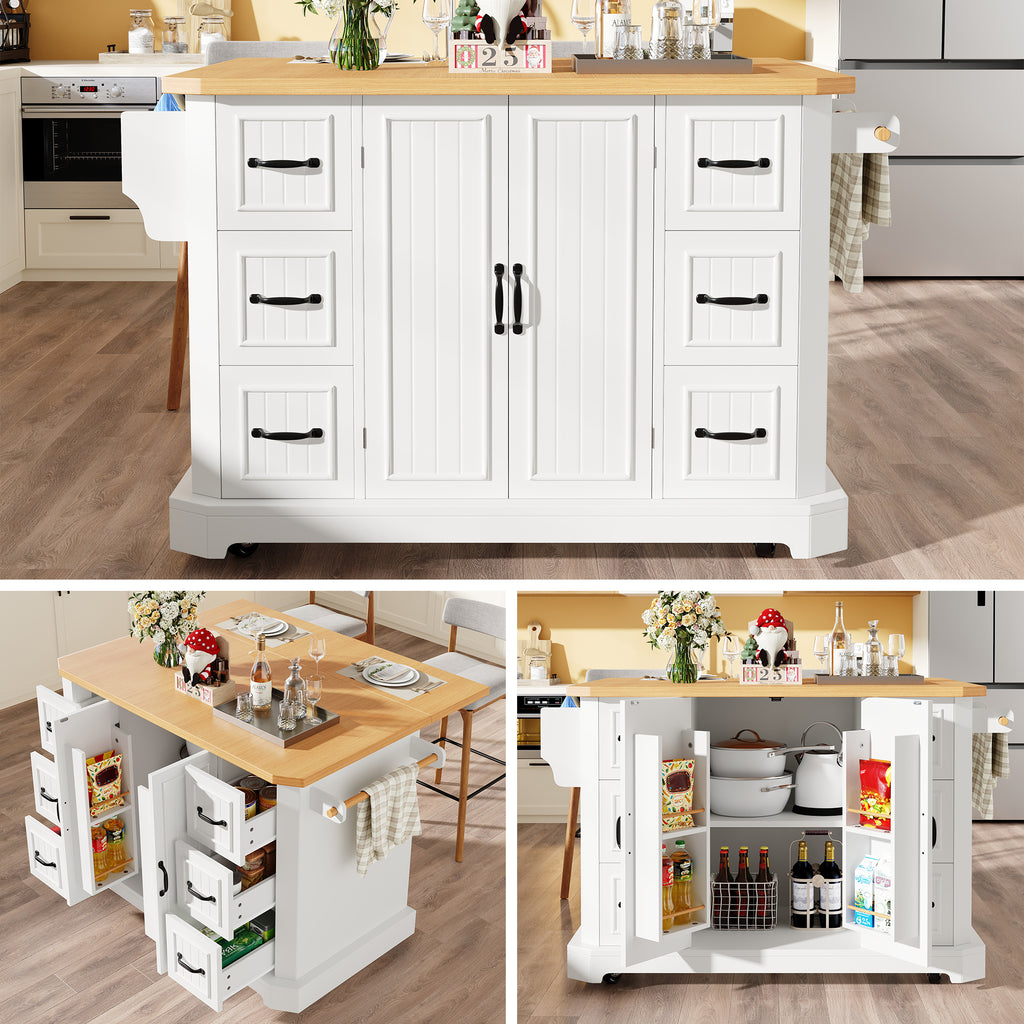 Mobile Kitchen Island Cart on Wheels - Cabinet with 2 Doors & 6 Drawers, Adjustable Width 45-75cm, White/Black