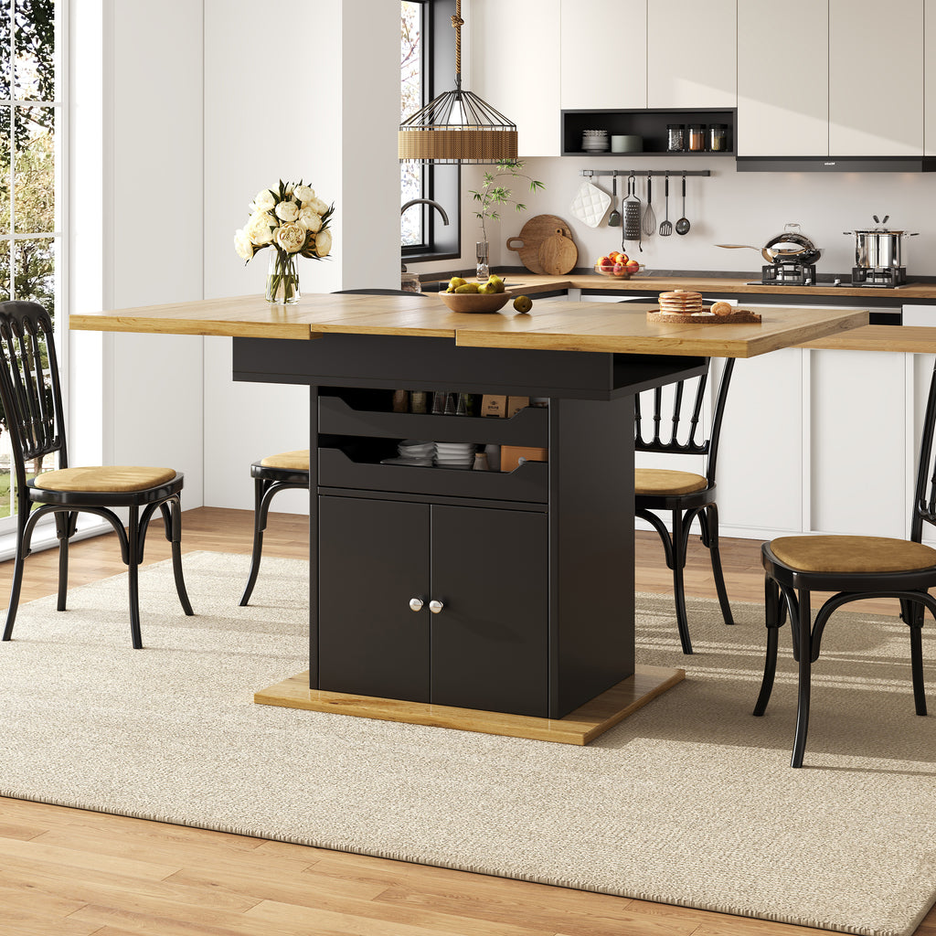 Telescopic dining table (110-140×80cm), foldable kitchen table for 4-6 people, extendable dining table, space-saving kitchen table, table with two drawers and a storage cabinet