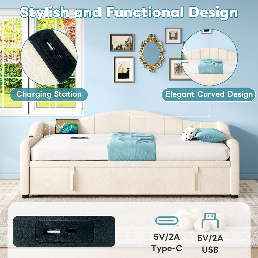 Upholstered Bed 90x190cm, Daybed, Sofa Bed with Charging Station, 3ft Single Velvet Bed with USB and Type - C Ports, Pull out Trundle Bed for Living Room/ Bedroom/ Study Room, Beige (No Mattress)